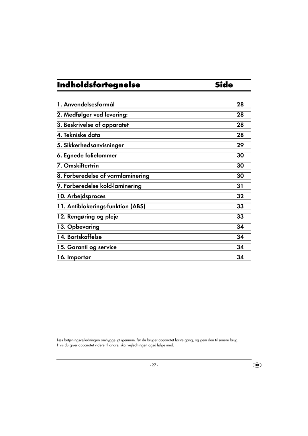 Kompernass KH 4412 manual Indholdsfortegnelse Side 