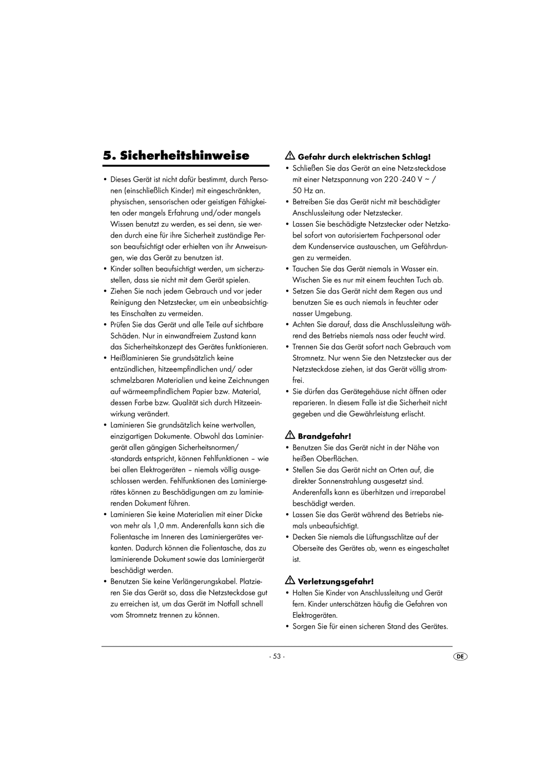 Kompernass KH 4412 manual Sicherheitshinweise, Gefahr durch elektrischen Schlag 