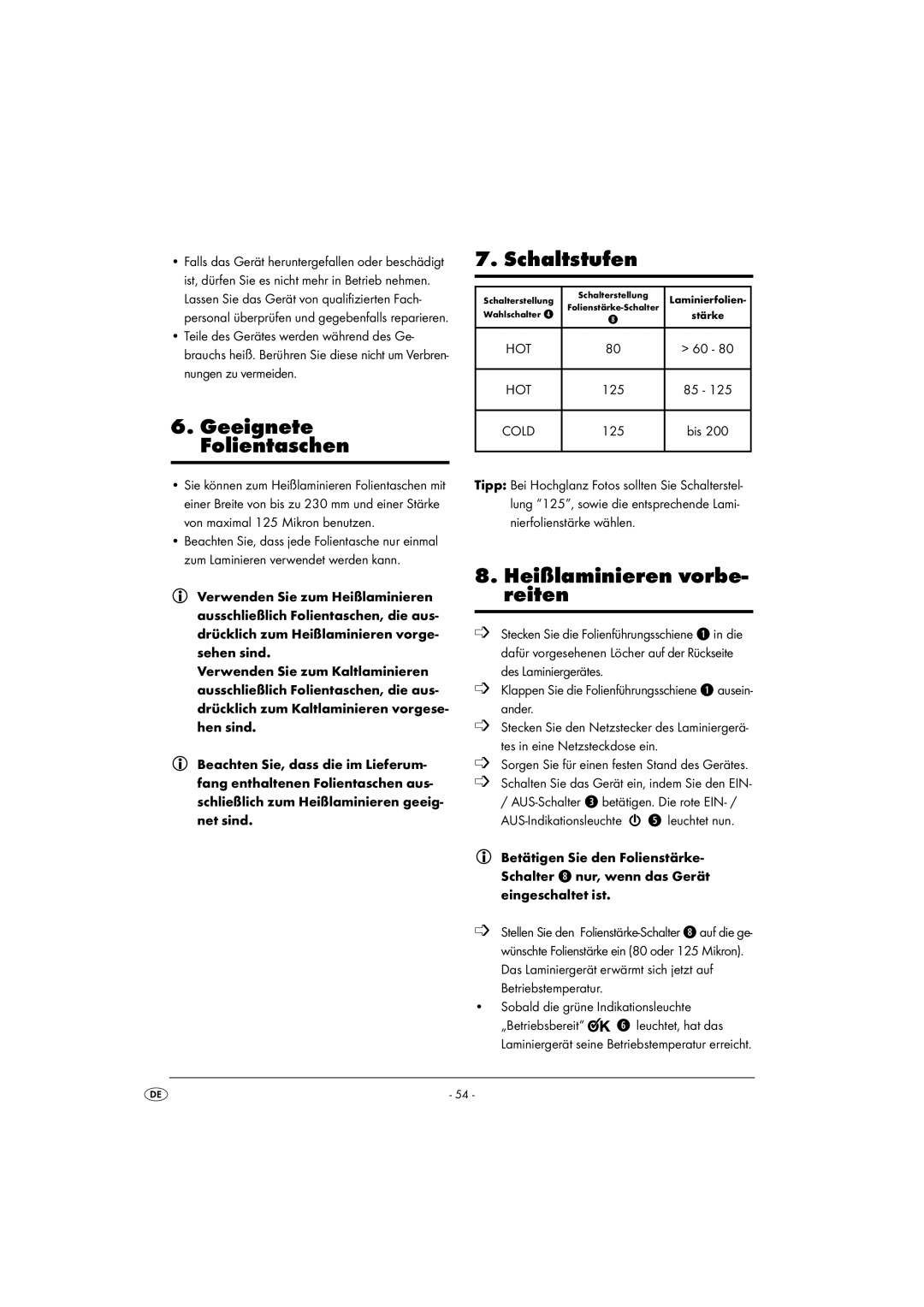 Kompernass KH 4412 manual Geeignete Folientaschen Schaltstufen, Heißlaminieren vorbe- reiten 