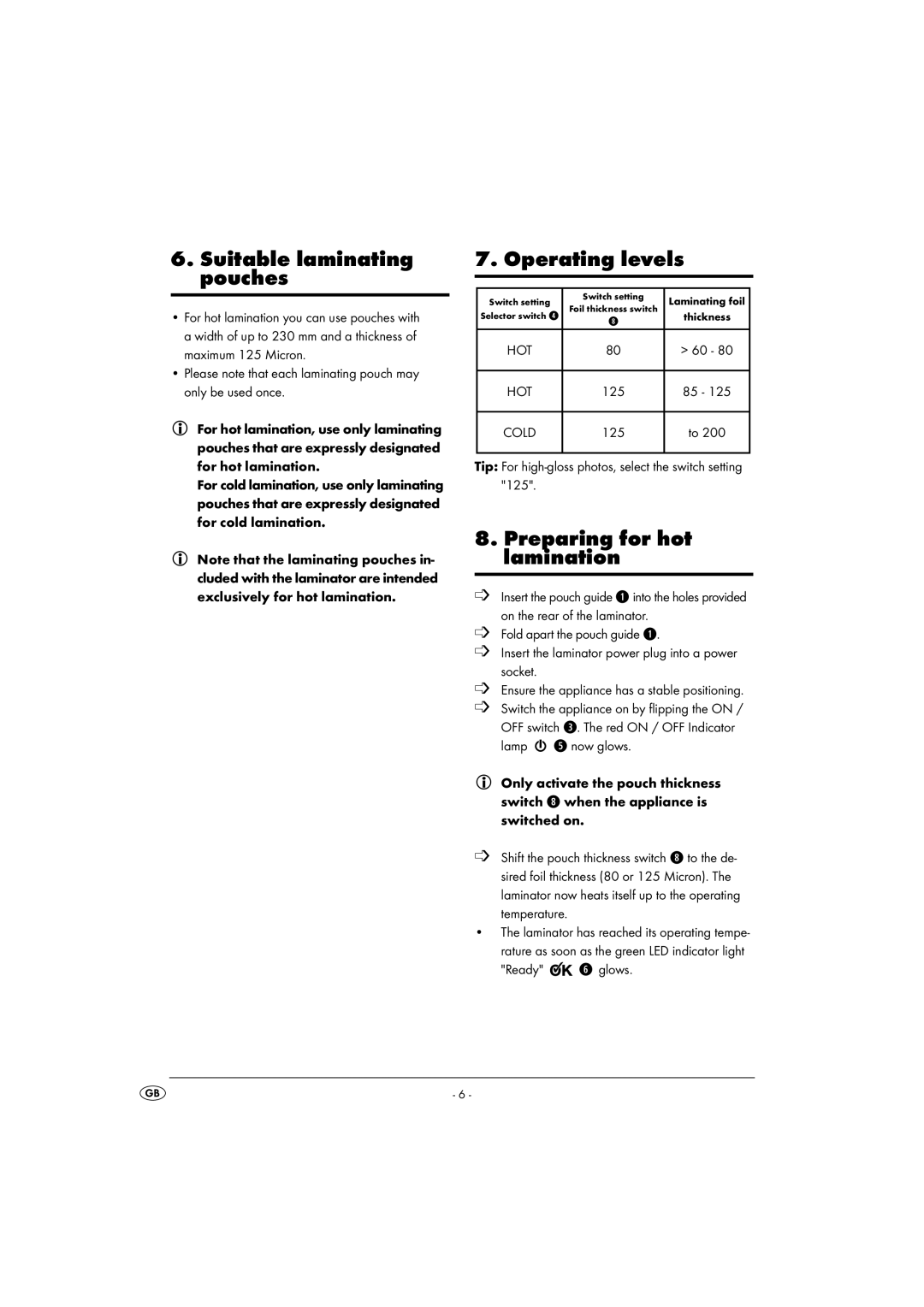 Kompernass KH 4412 manual Suitable laminating pouches, Operating levels, Preparing for hot lamination, Ready y glows 