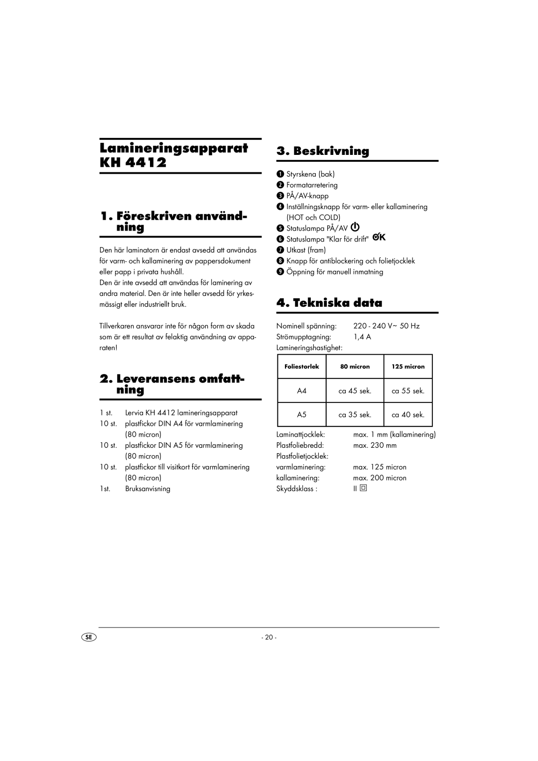 Kompernass KH 4412 manual Lamineringsapparat KH, 1. Föreskriven använd- ning, Leveransens omfatt- ning, Beskrivning 