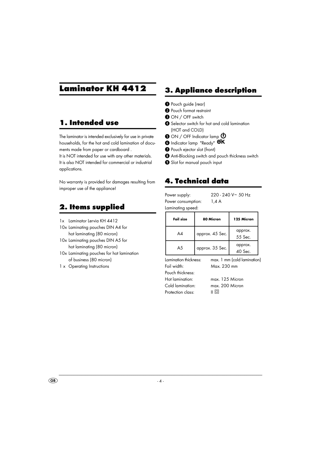 Kompernass KH 4412 manual Laminator KH, Intended use, Items supplied, Appliance description, Technical data 