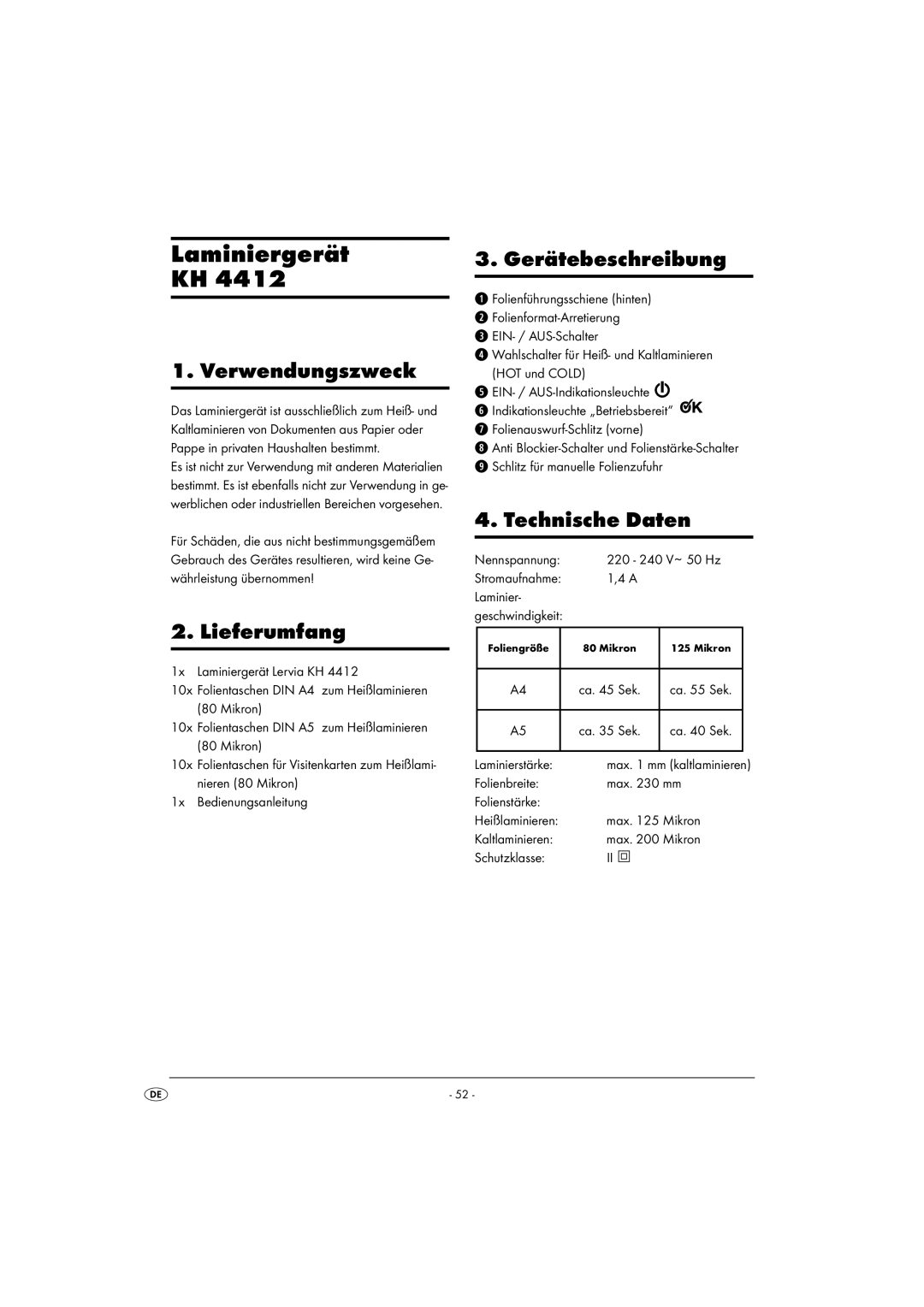 Kompernass KH 4412 manual Laminiergerät KH, Verwendungszweck, Lieferumfang, Gerätebeschreibung, Technische Daten 