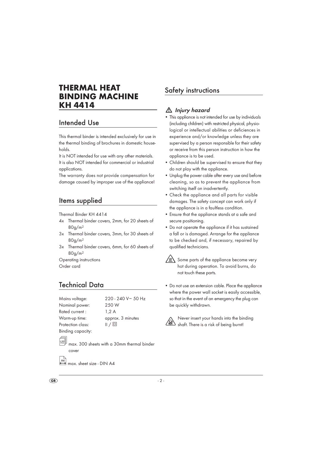 Kompernass KH 4414 Thermal Heat Binding Machine KH, Intended Use, Items supplied, Technical Data, Safety instructions 