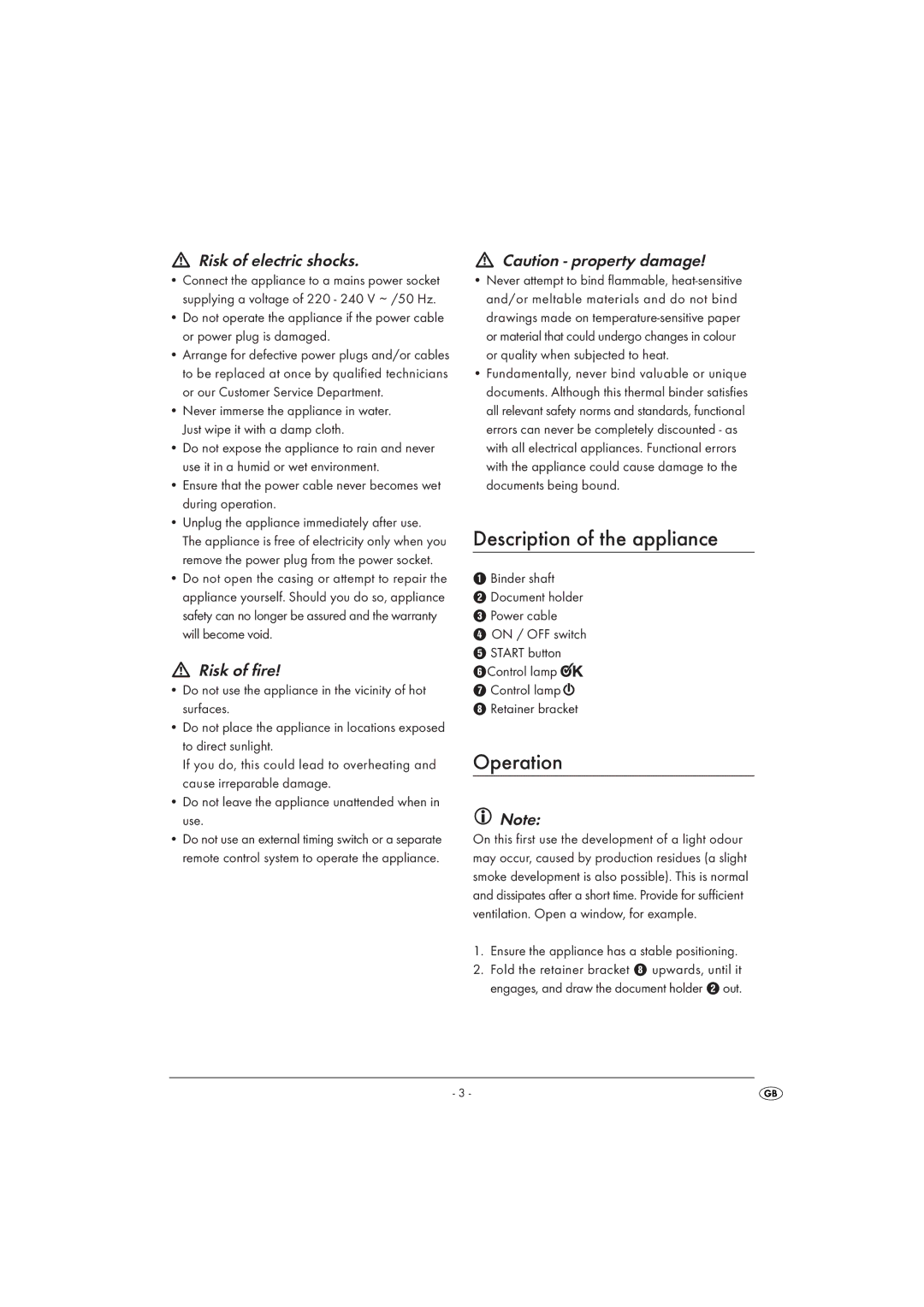 Kompernass KH 4414 manual Description of the appliance, Operation, Risk of electric shocks, Risk of fire 