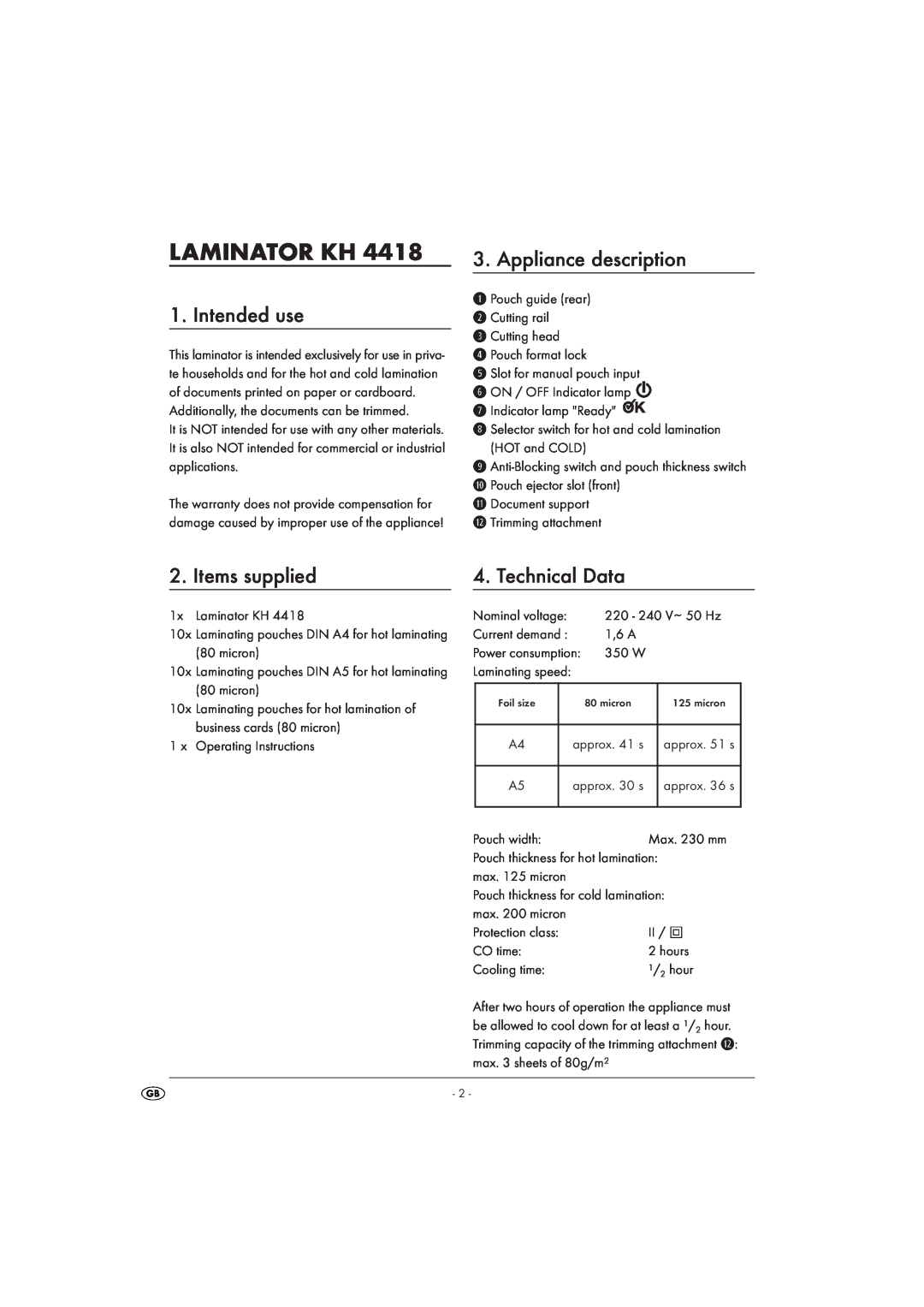 Kompernass KH 4418 manual Laminator Kh, Intended use, Appliance description, Items supplied, Technical Data 