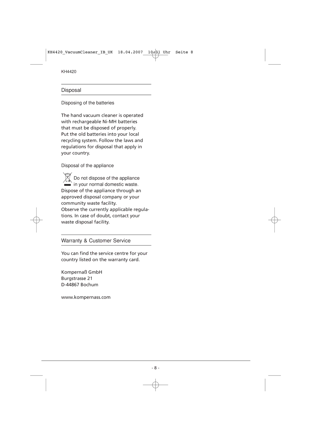 Kompernass KH 4420 manual Disposing of the batteries 