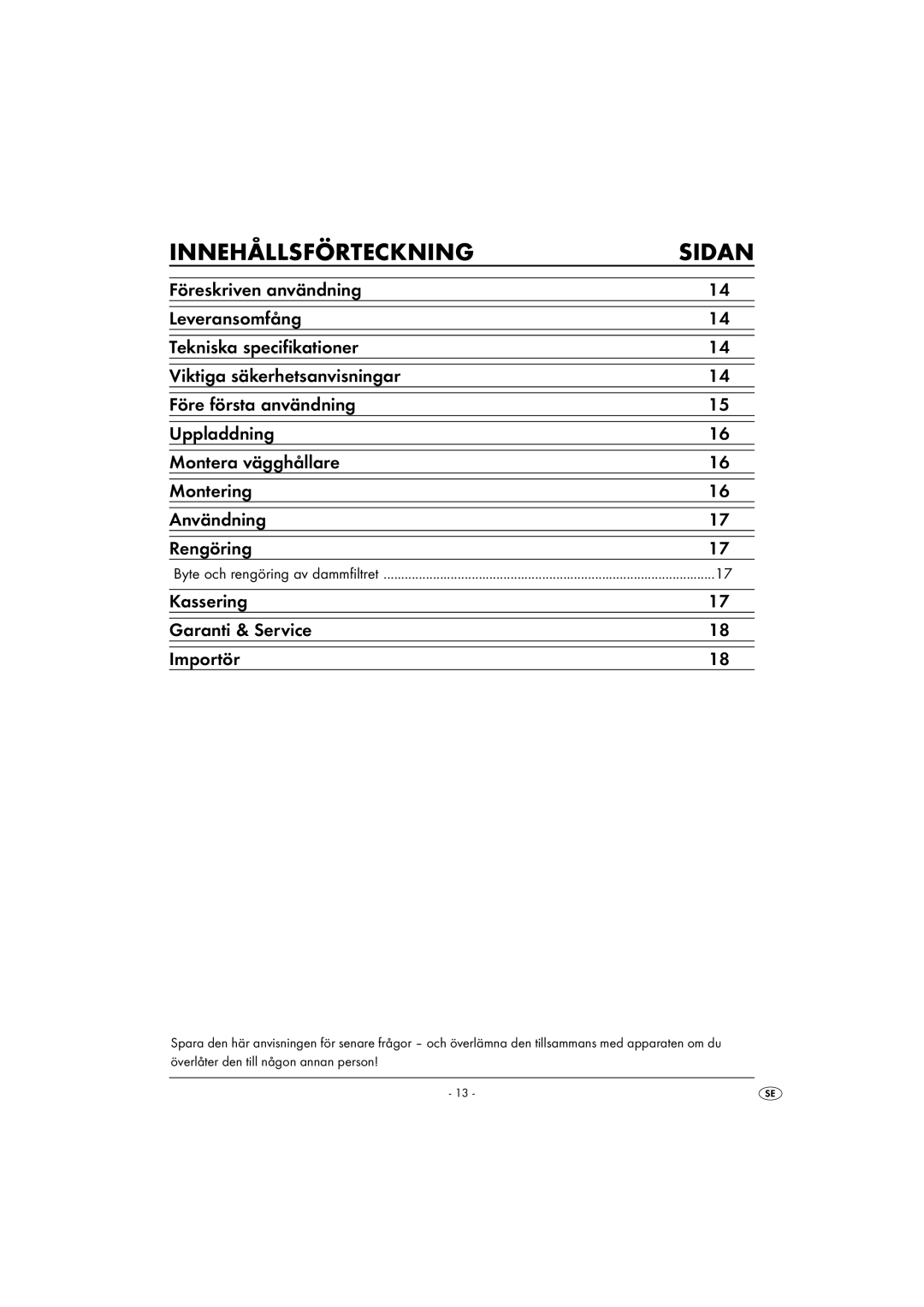 Kompernass KH 4421 manual Innehållsförteckning Sidan, Kassering Garanti & Service Importör 