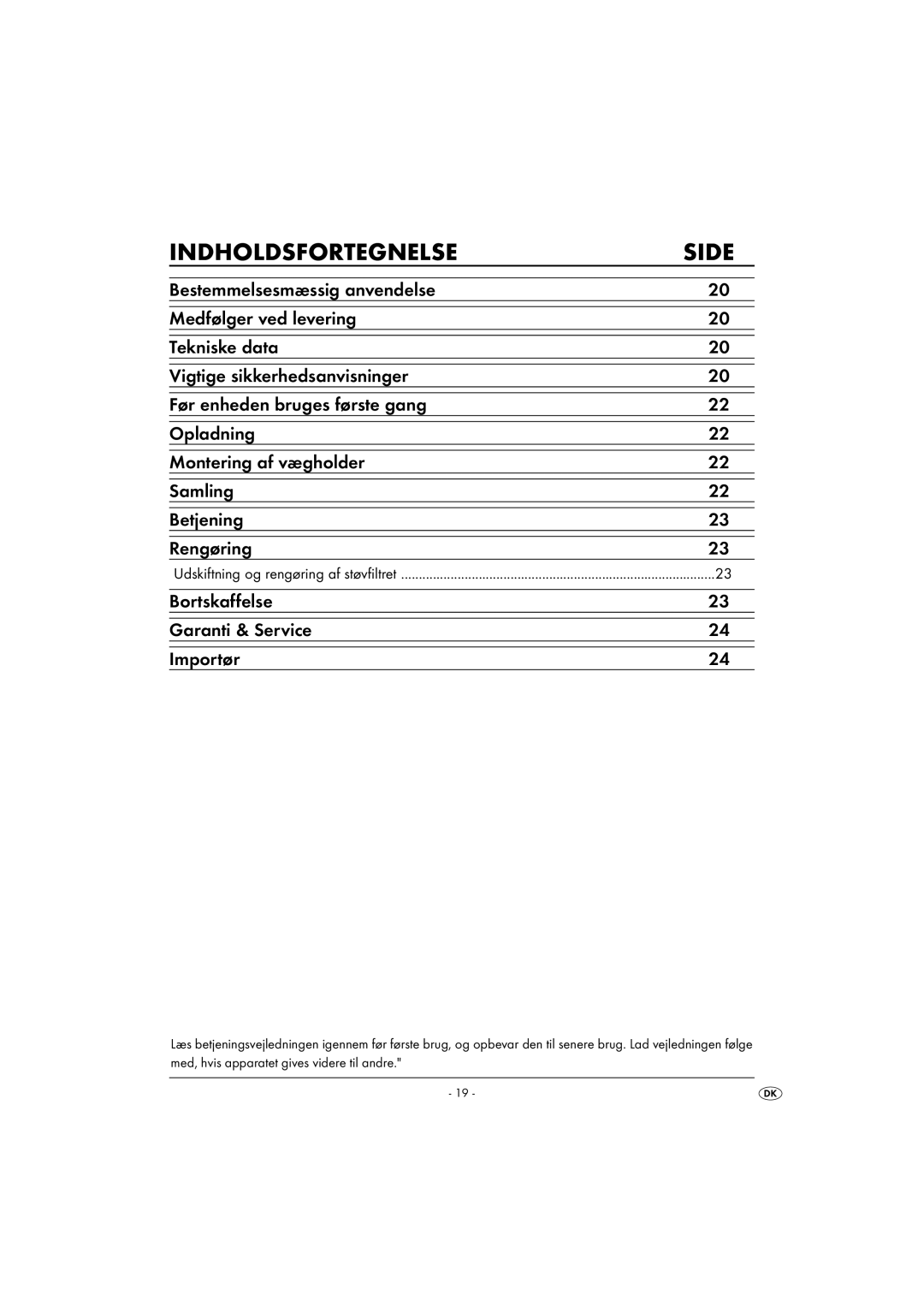 Kompernass KH 4421 manual Indholdsfortegnelse, Bortskaffelse Garanti & Service Importør 