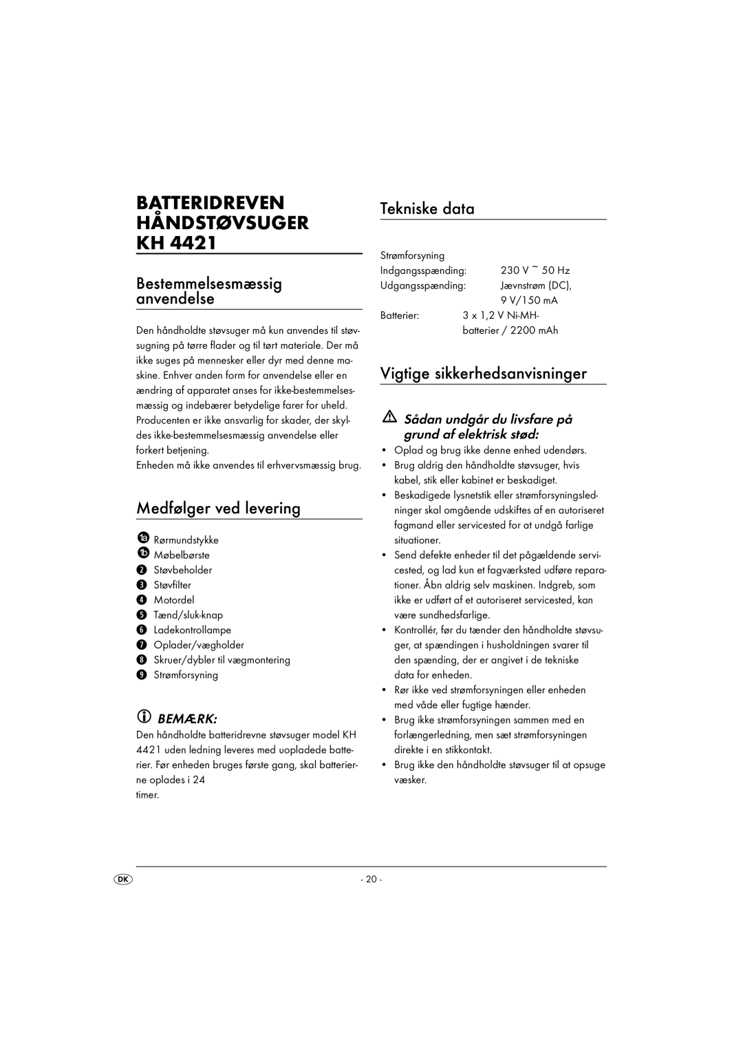 Kompernass KH 4421 Batteridreven Håndstøvsuger KH, Medfølger ved levering, Tekniske data, Vigtige sikkerhedsanvisninger 