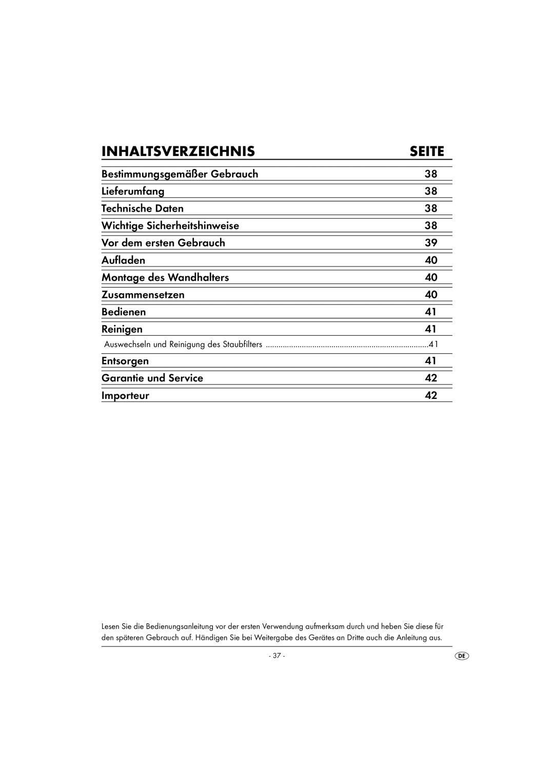 Kompernass KH 4421 manual Inhaltsverzeichnis Seite, Entsorgen Garantie und Service Importeur 