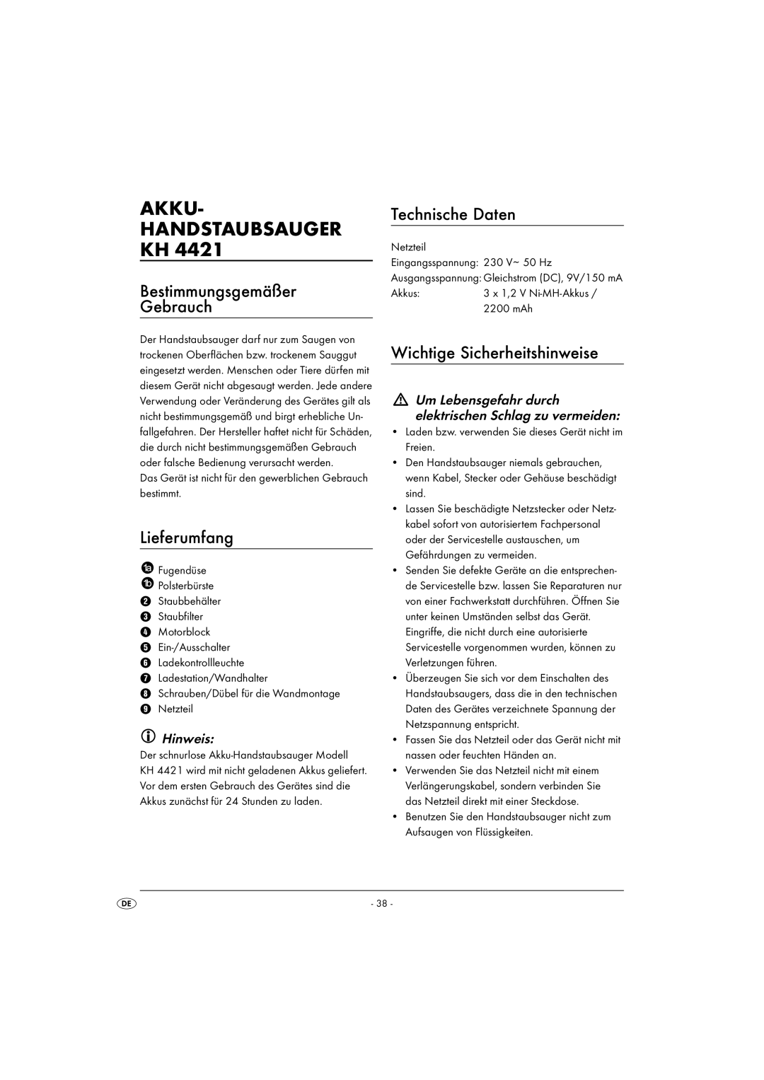 Kompernass KH 4421 manual Akku Handstaubsauger KH, Bestimmungsgemäßer Gebrauch, Lieferumfang, Technische Daten 