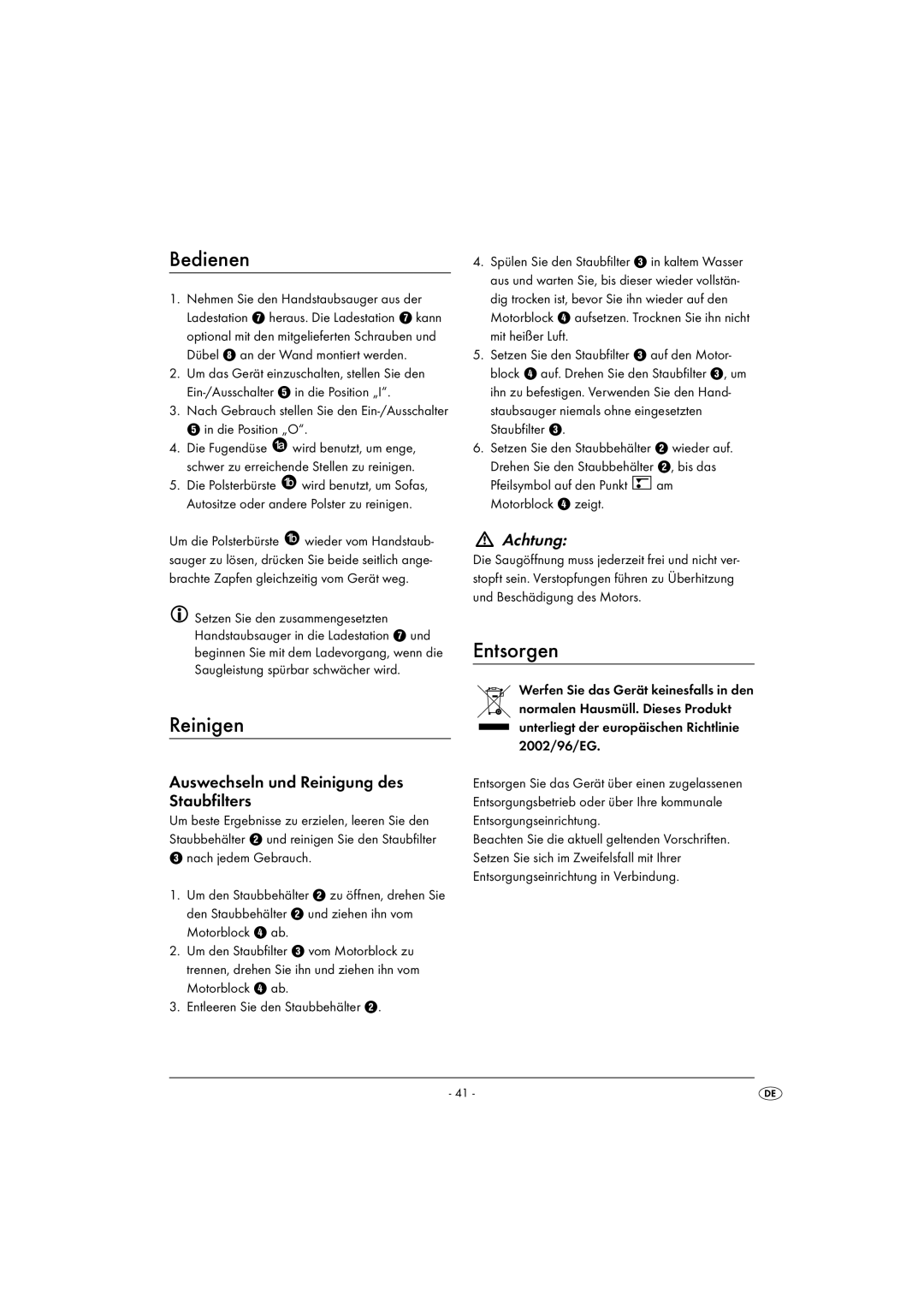 Kompernass KH 4421 manual Bedienen, Reinigen, Entsorgen, Auswechseln und Reinigung des Staubfilters, Achtung 