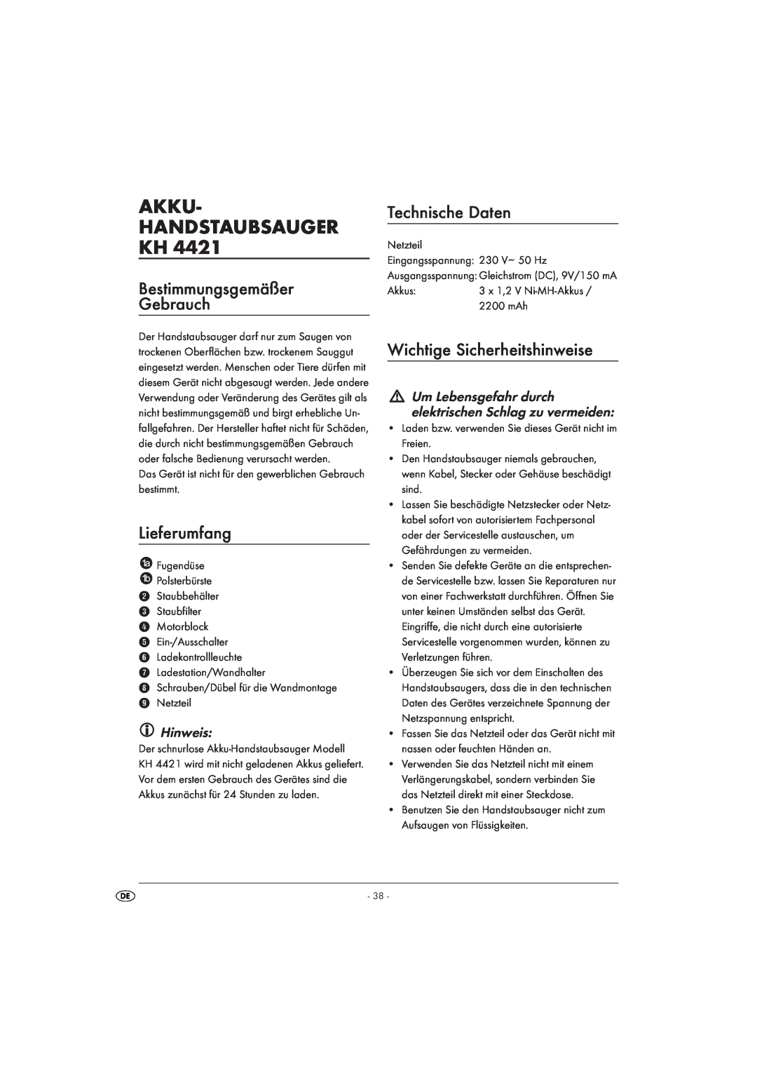 Kompernass KH 4421 manual Akku Handstaubsauger Kh, Bestimmungsgemäßer Gebrauch, Lieferumfang, Technische Daten, Hinweis 