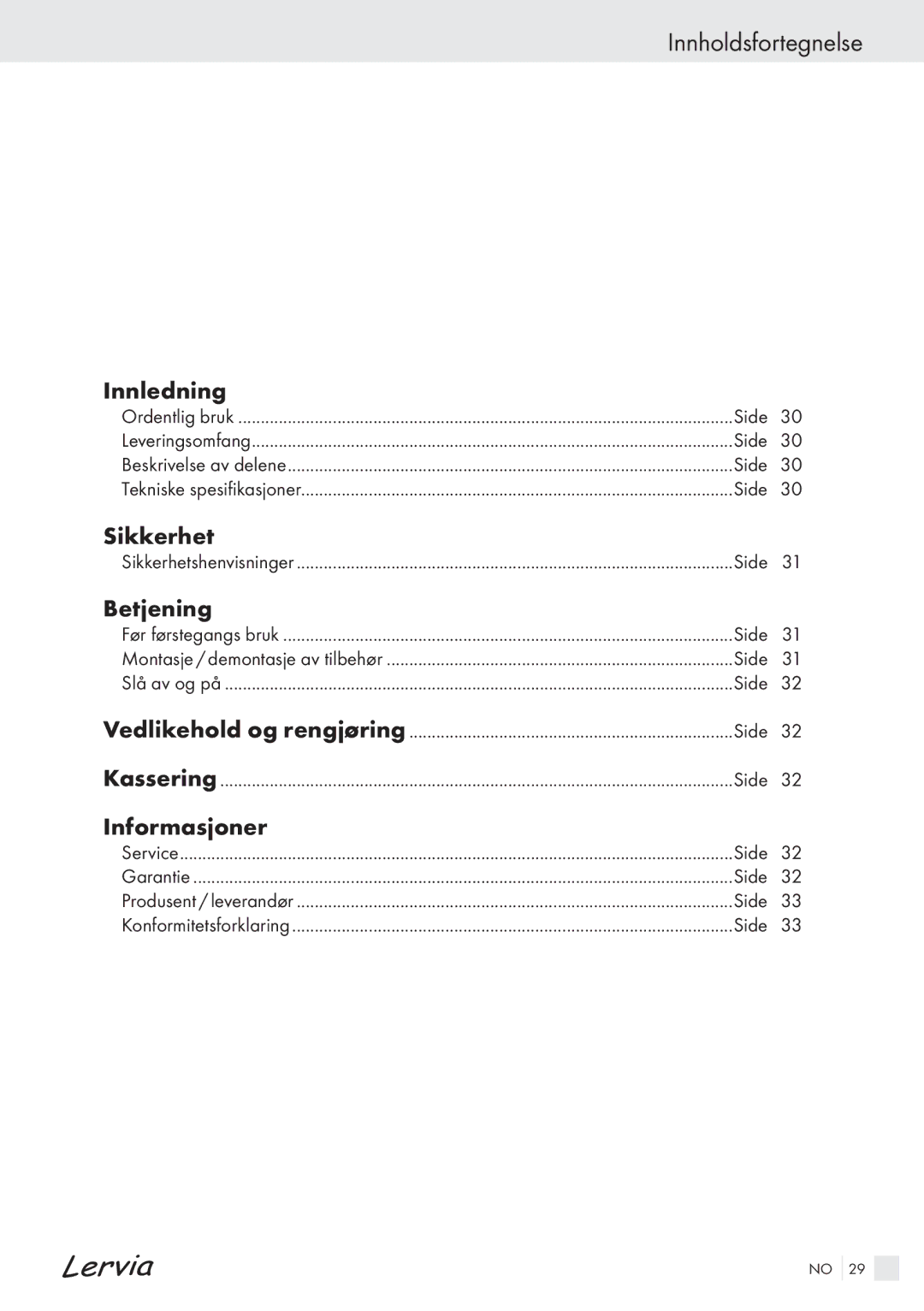 Kompernass KH 4425 manual Innholdsfortegnelse, Innledning, Sikkerhet, Informasjoner, Side Vedlikehold og rengjøring 