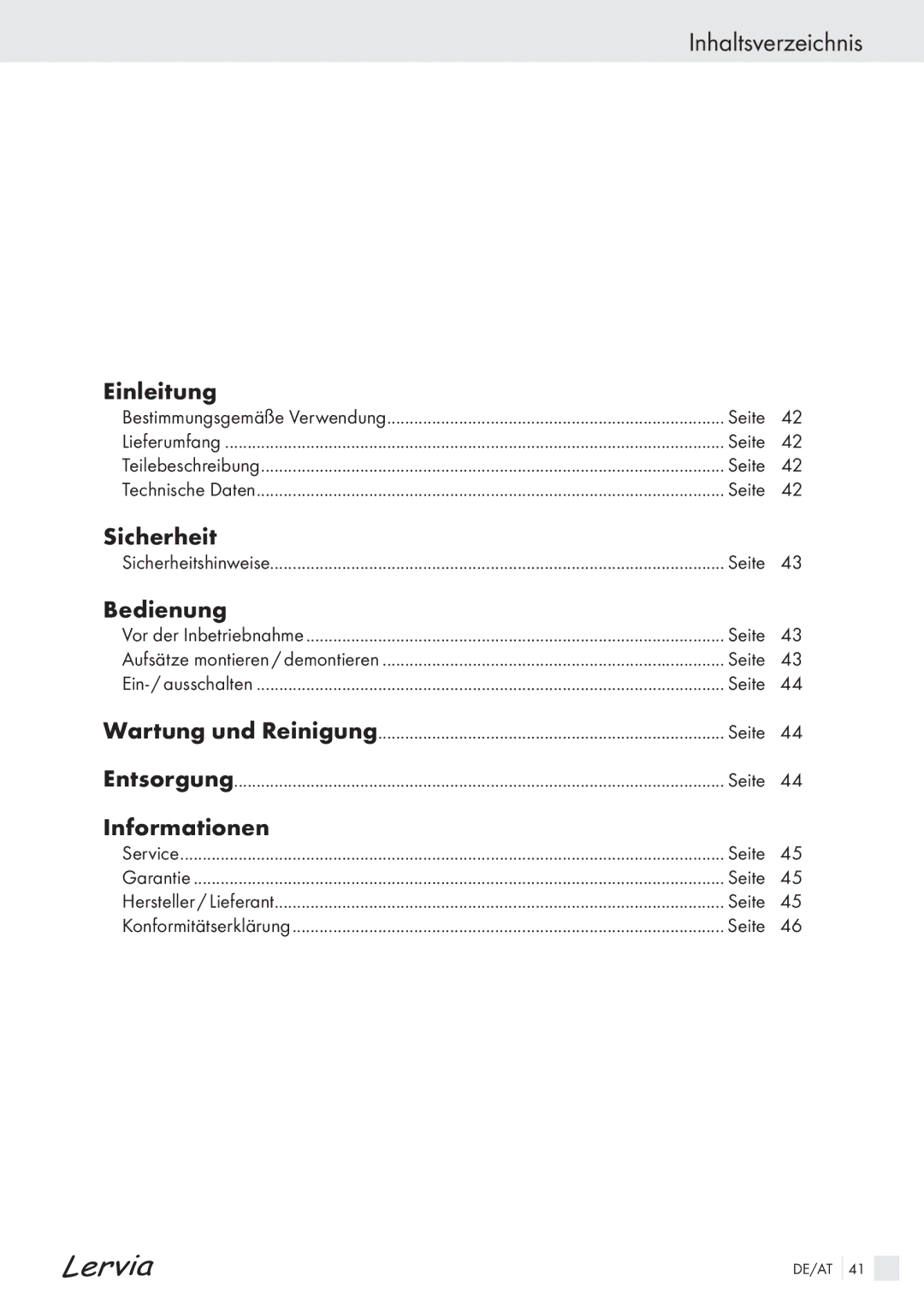 Kompernass KH 4425 manual Inhaltsverzeichnis, Einleitung, Sicherheit, Bedienung, Informationen 