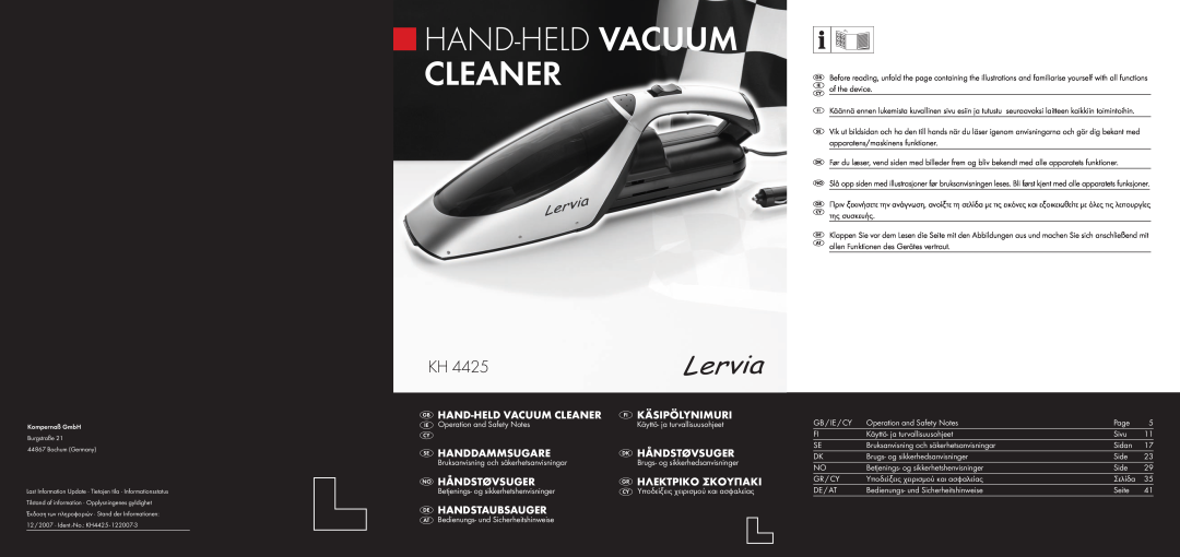 Kompernass KH 4425 manual Hand-Heldvacuum Cleaner, Käsipölynimuri, Handdammsugare, Håndstøvsuger, Ηλεκτρικο Σκουπακι 