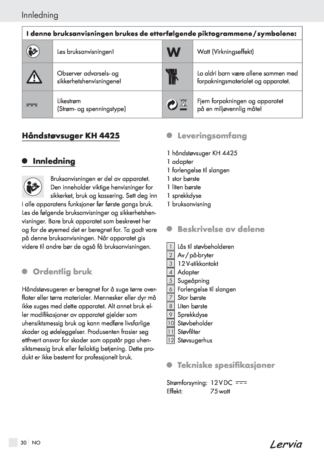 Kompernass KH 4425 manual Håndstøvsuger KH, Leveringsomfang, Q Innledning, Beskrivelse av delene, Q Ordentlig bruk 