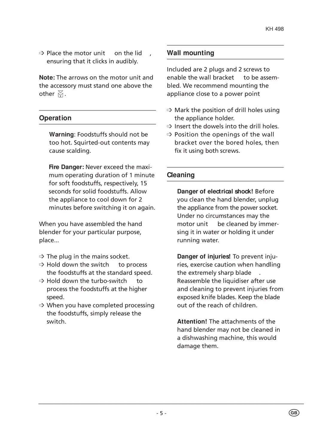 Kompernass KH 498 manual Operation, Wall mounting, Cleaning 