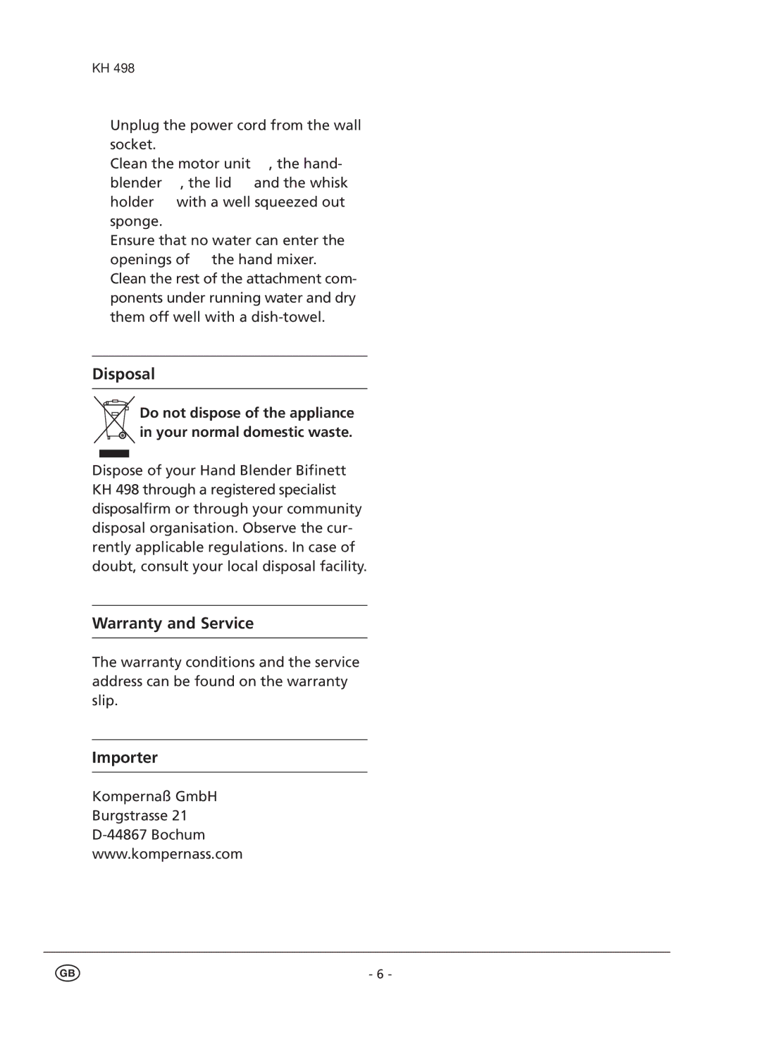 Kompernass KH 498 manual Disposal, Warranty and Service, Importer 