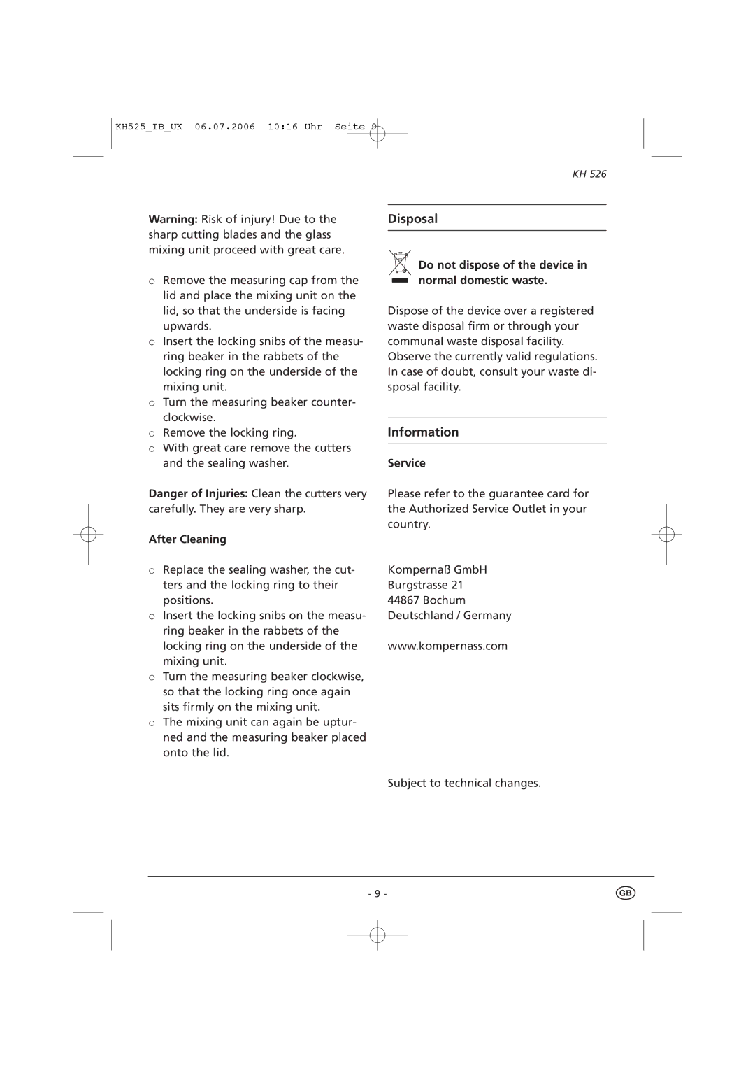 Kompernass KH 525 manual After Cleaning, Do not dispose of the device in normal domestic waste, Service 