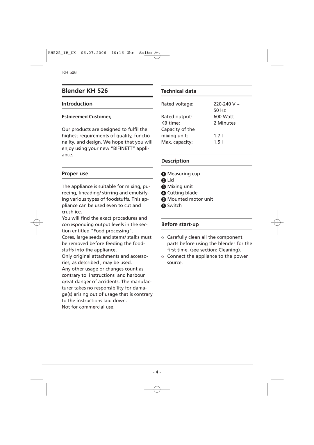 Kompernass KH 525 manual Introduction, Estmeemed Customer 