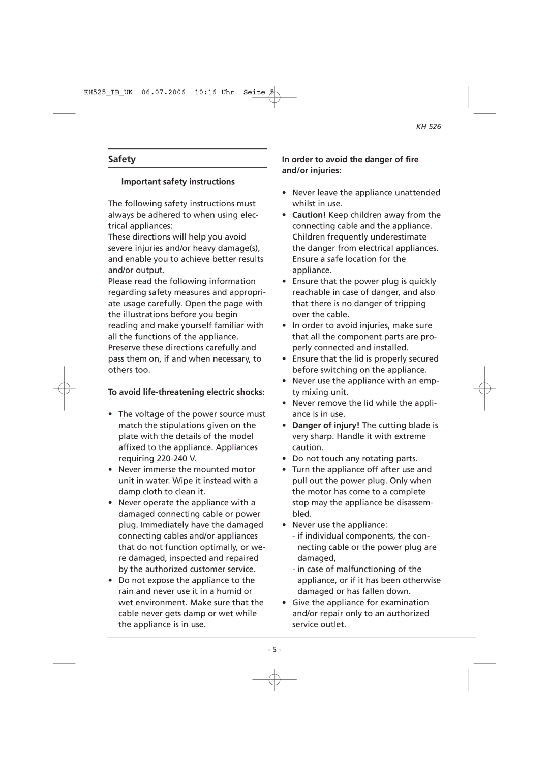 Kompernass KH 525 manual Important safety instructions 