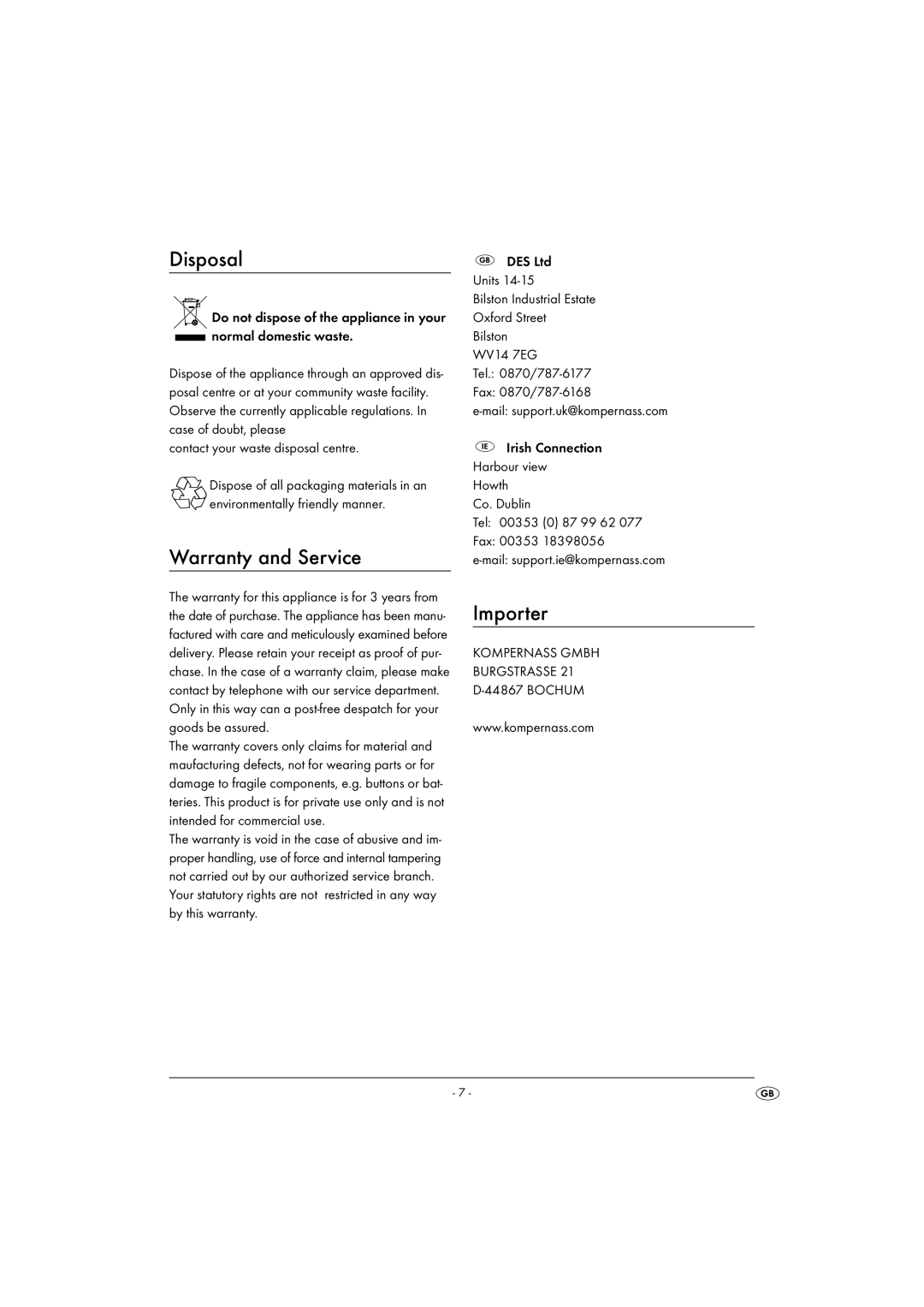 Kompernass KH 527 manual Disposal, Warranty and Service, Importer 