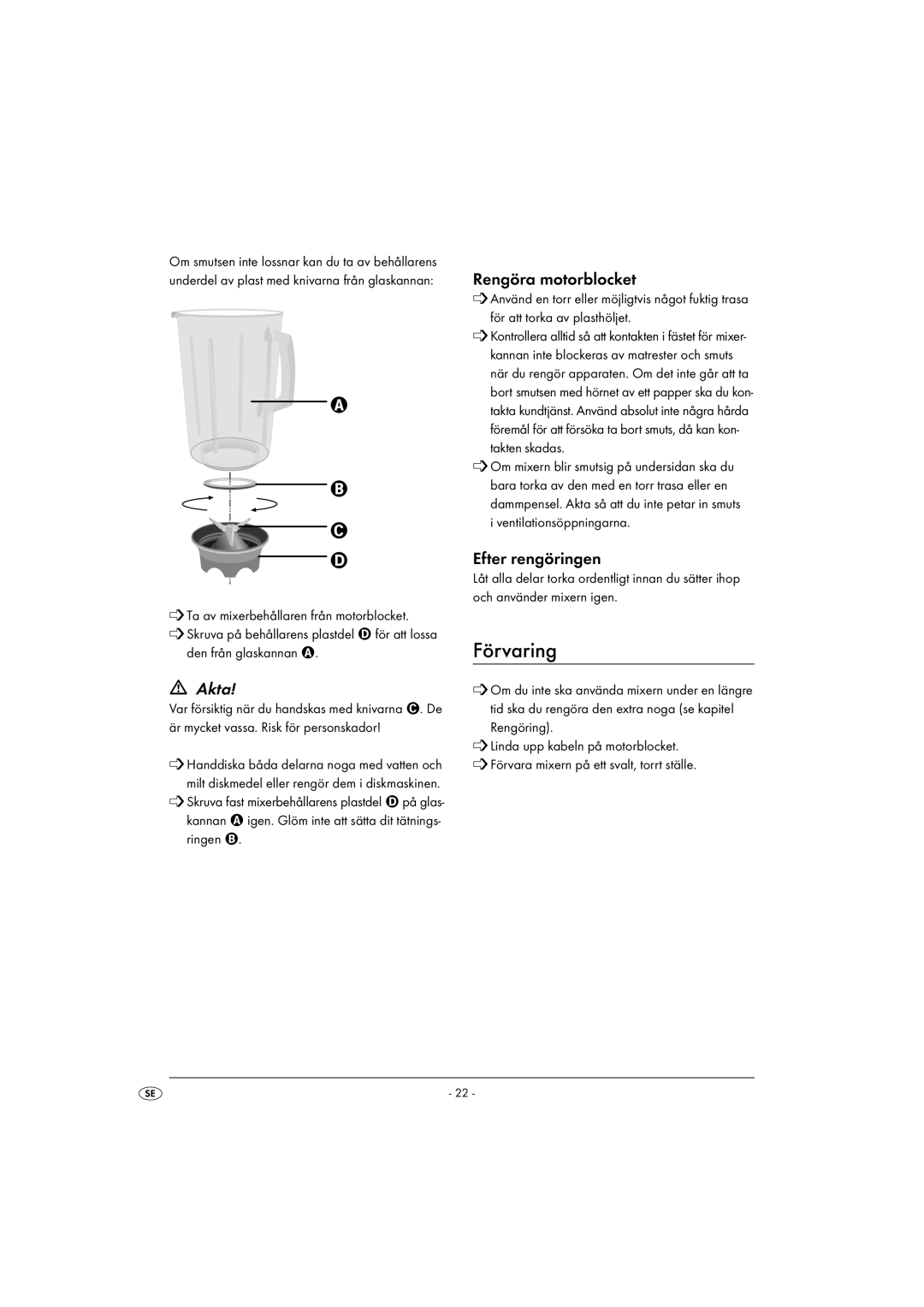 Kompernass KH 527 manual Förvaring, Rengöra motorblocket, Efter rengöringen 