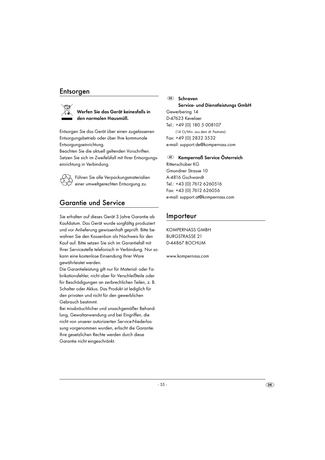 Kompernass KH 527 manual Entsorgen, Garantie und Service, Importeur 