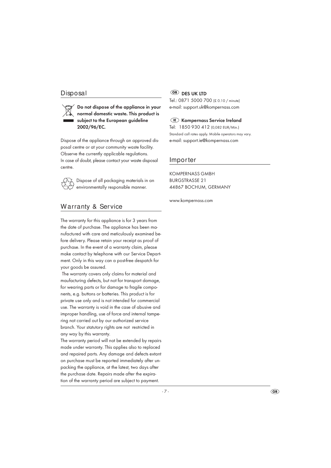 Kompernass KH 528 Disposal, Warranty & Service, Importer, Case of doubt, please contact your waste disposal centre 