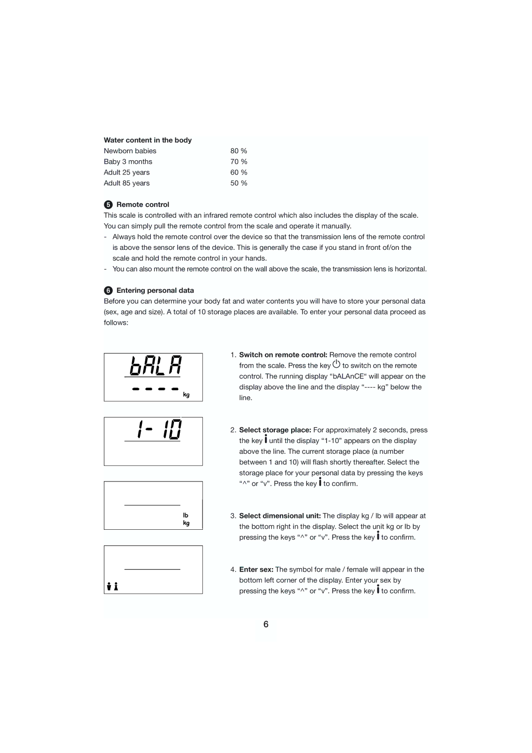 Kompernass KH 5508, KH 5507, KH 5506 manual Water content in the body, Remote control, Entering personal data 