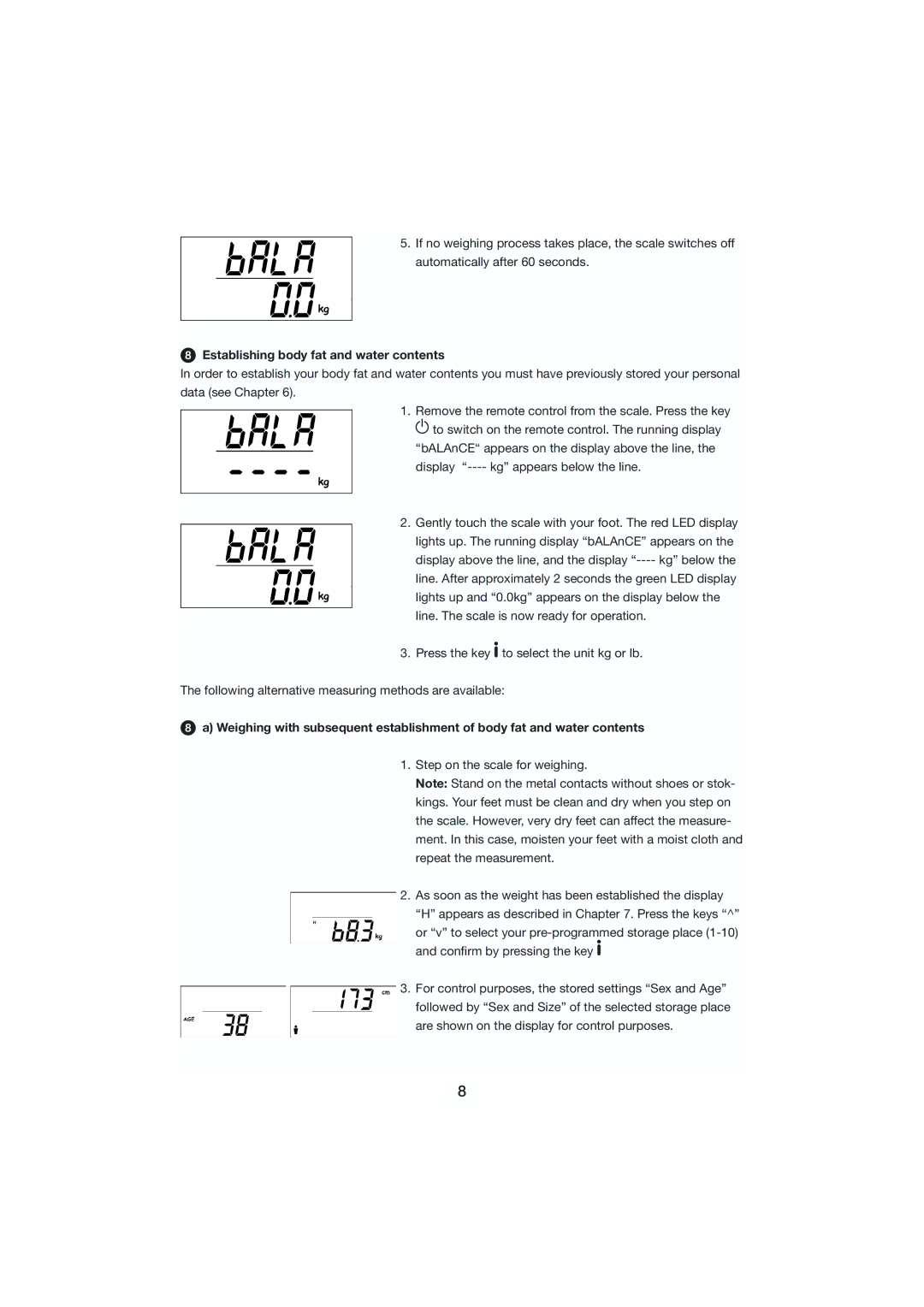 Kompernass KH 5506, KH 5508, KH 5507 manual Establishing body fat and water contents 