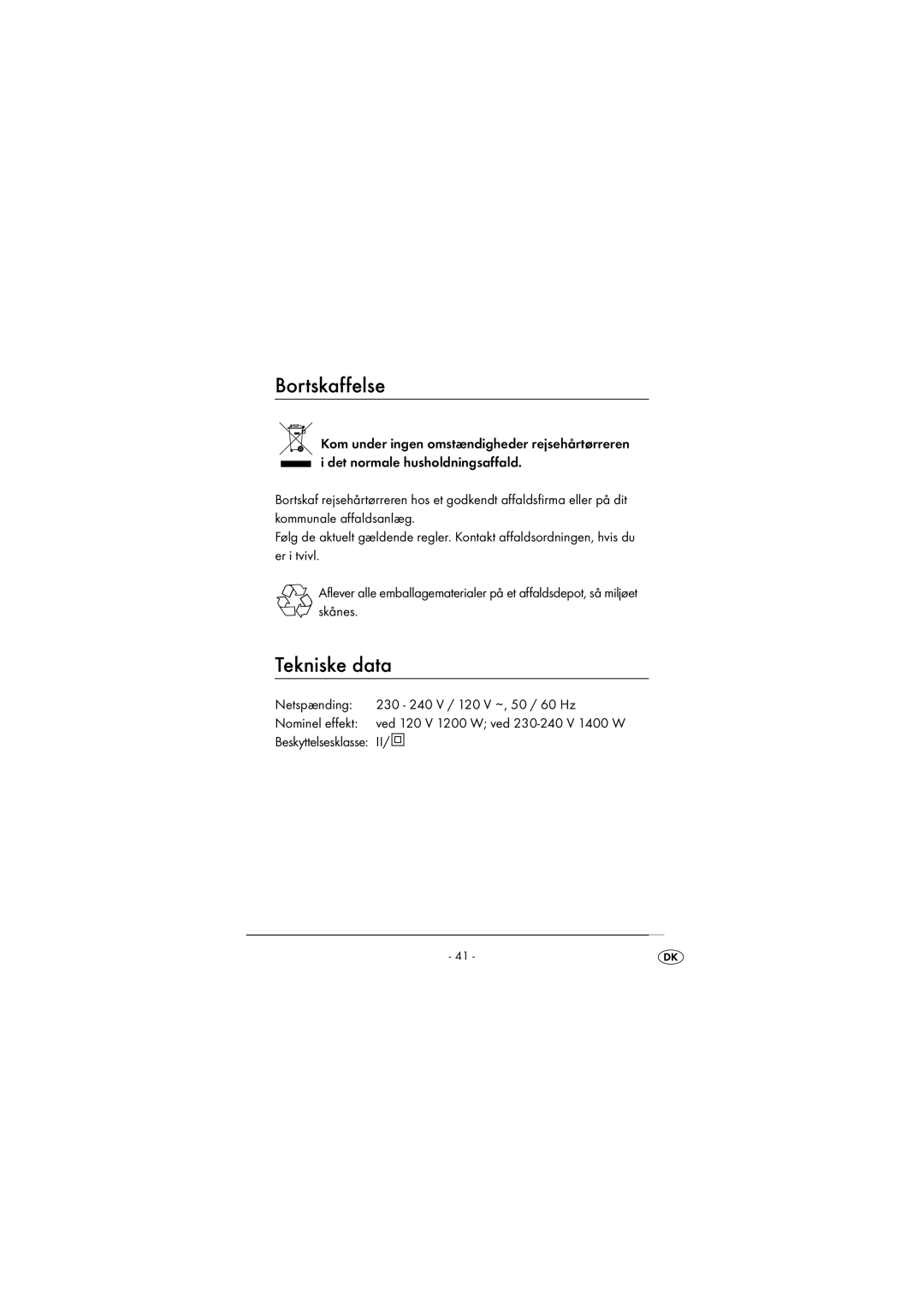 Kompernass KH 5513 operating instructions Bortskaffelse, Tekniske data 