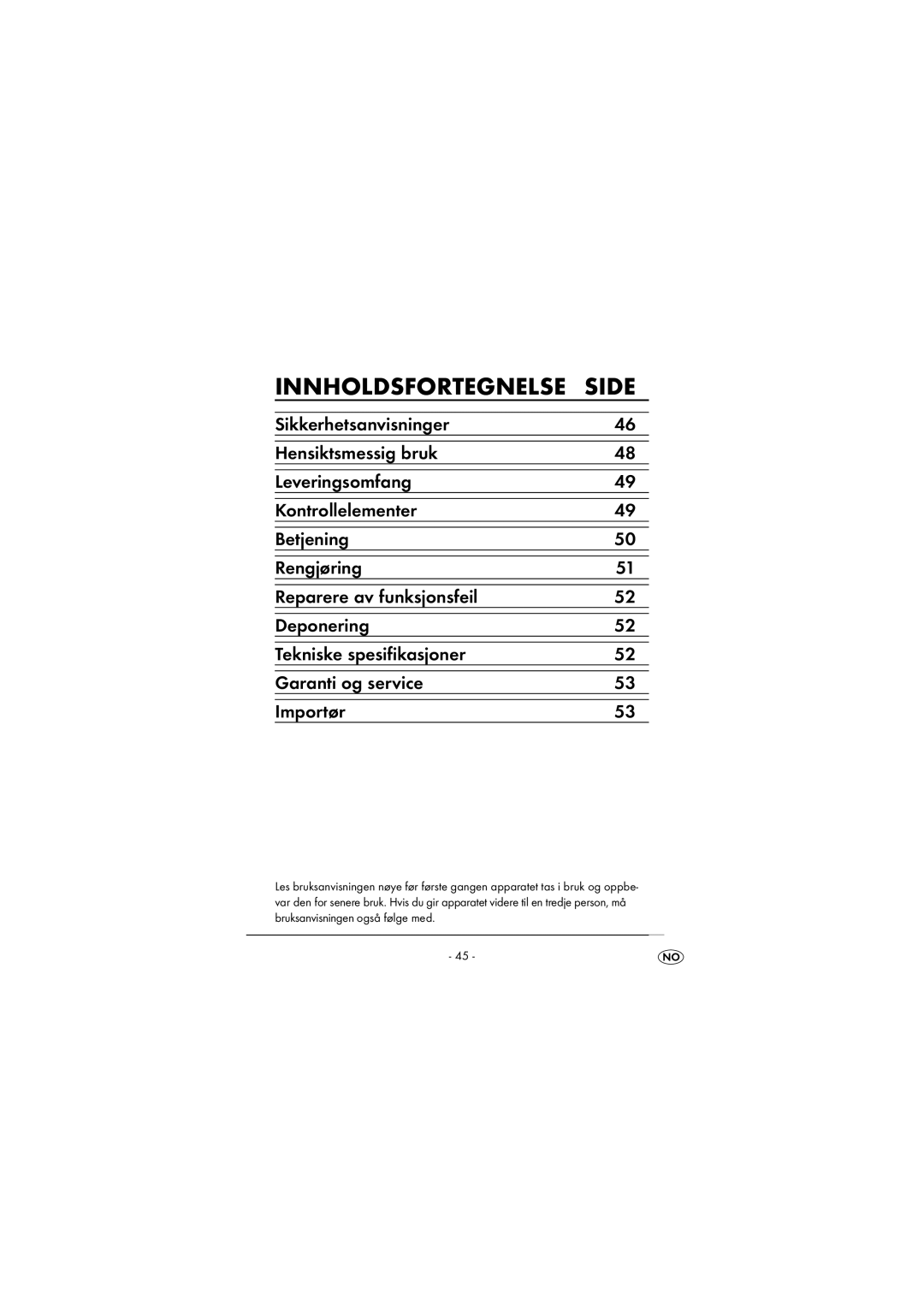 Kompernass KH 5513 operating instructions Innholdsfortegnelse 