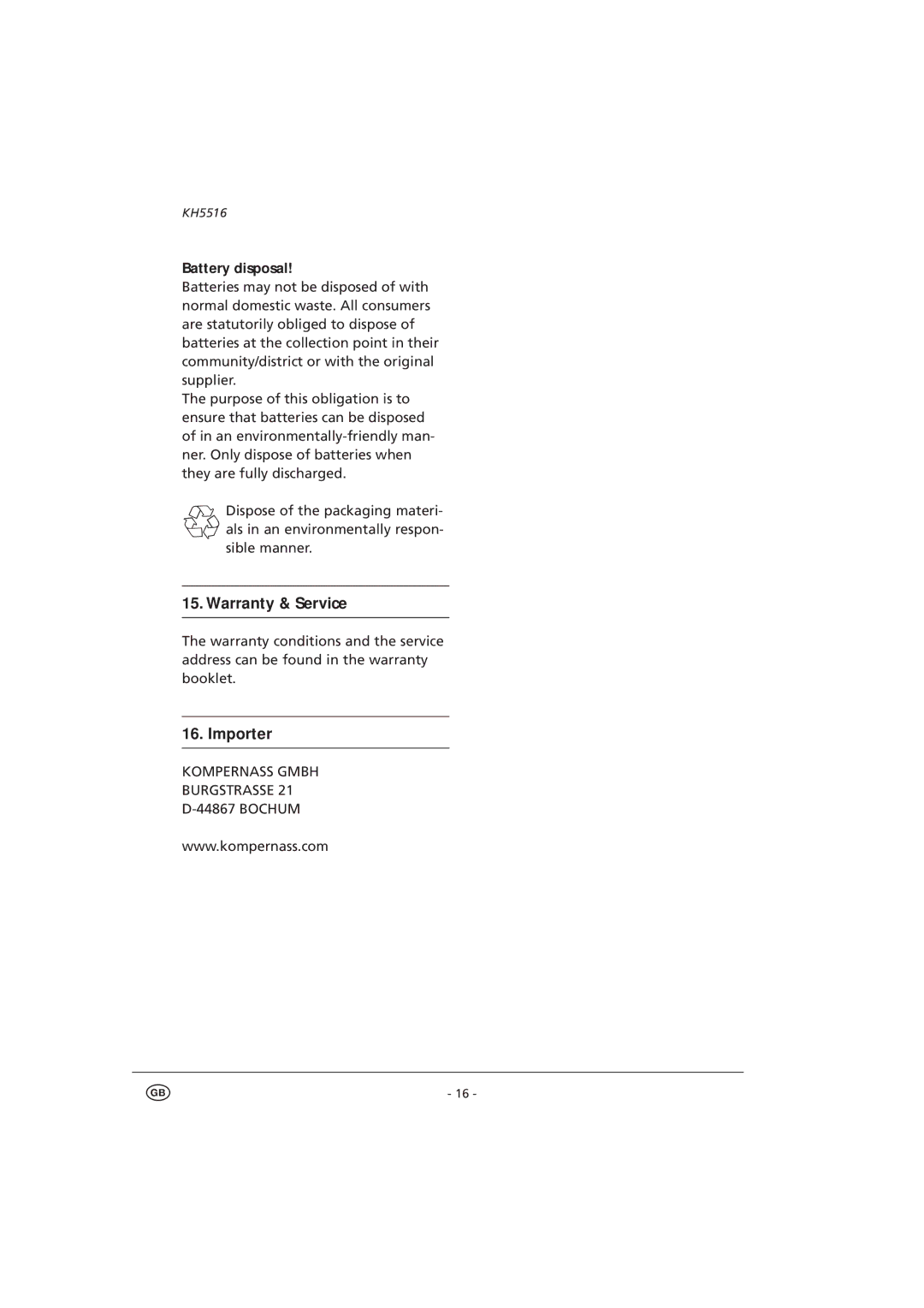 Kompernass KH 5516 manual Battery disposal 