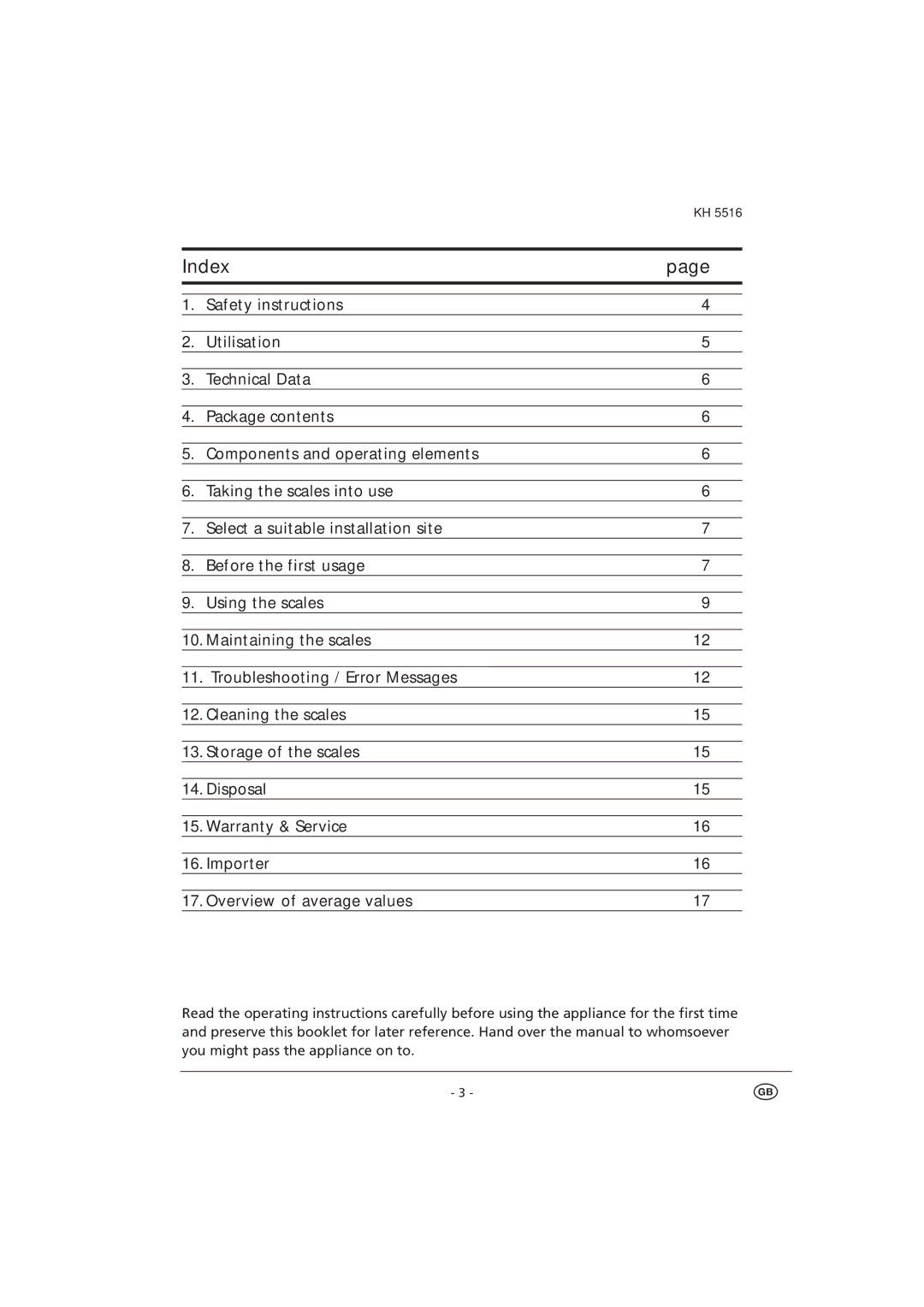 Kompernass KH 5516 manual Index 