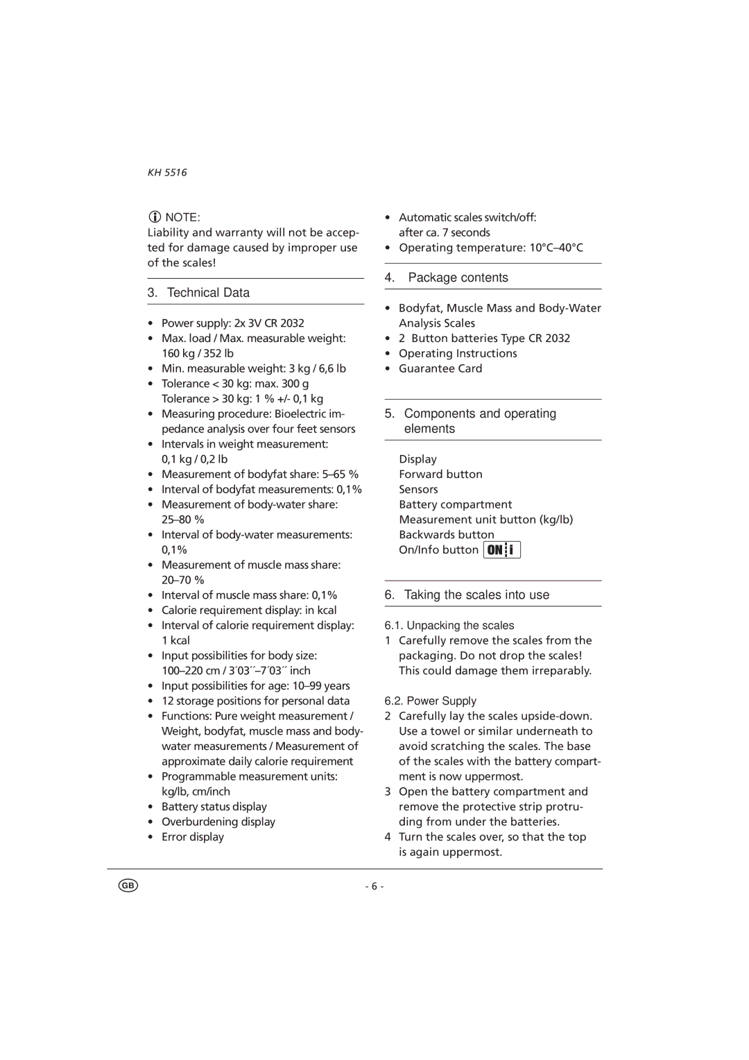 Kompernass KH 5516 manual Unpacking the scales, Power Supply 