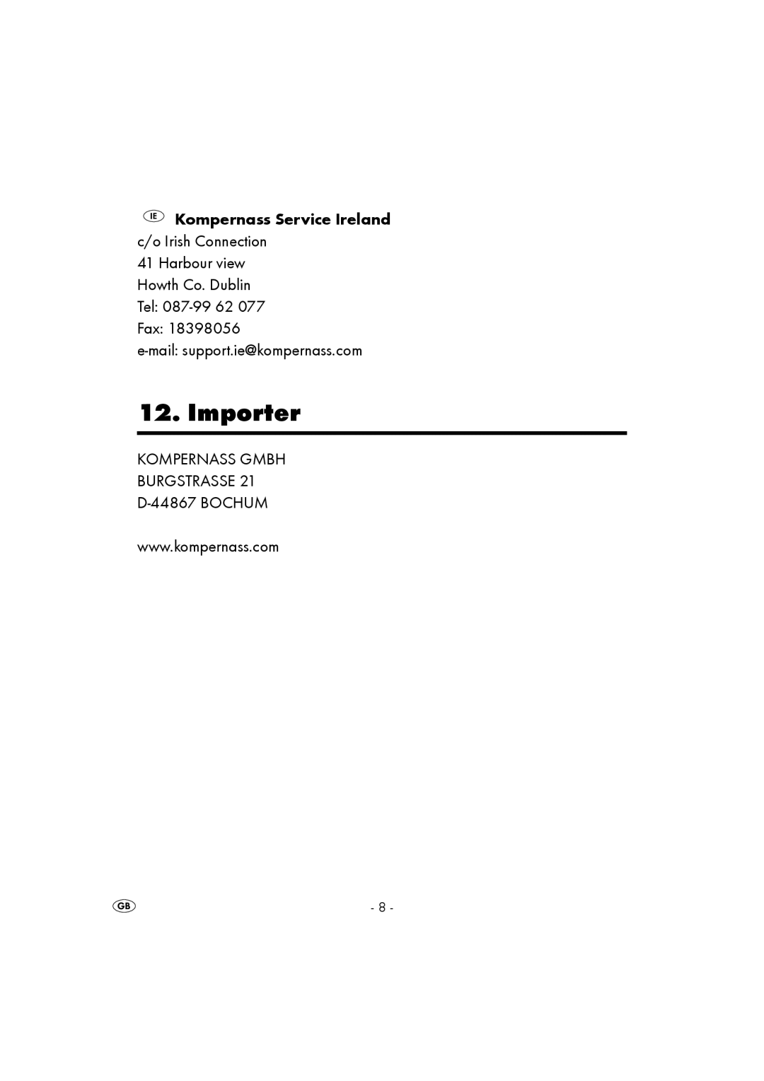 Kompernass KH 5517 operating instructions Importer 