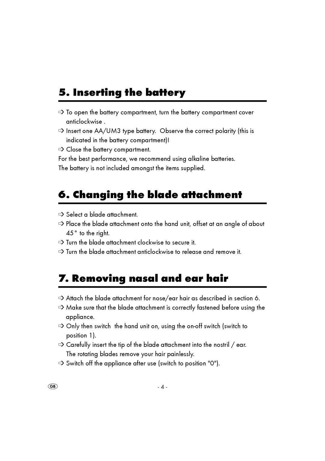 Kompernass KH 5517 operating instructions Inserting the battery, Changing the blade attachment, Removing nasal and ear hair 