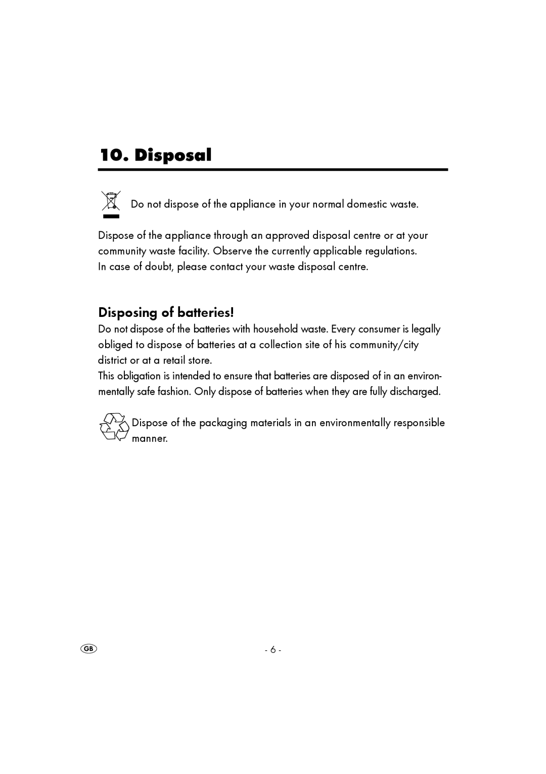 Kompernass KH 5517 operating instructions Disposal, Disposing of batteries 