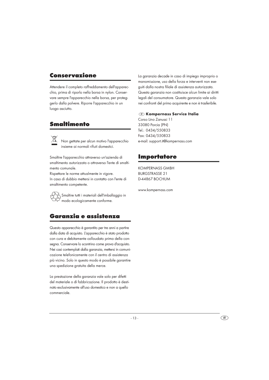 Kompernass KH 5520 operating instructions Conservazione, Smaltimento, Garanzia e assistenza, Importatore 