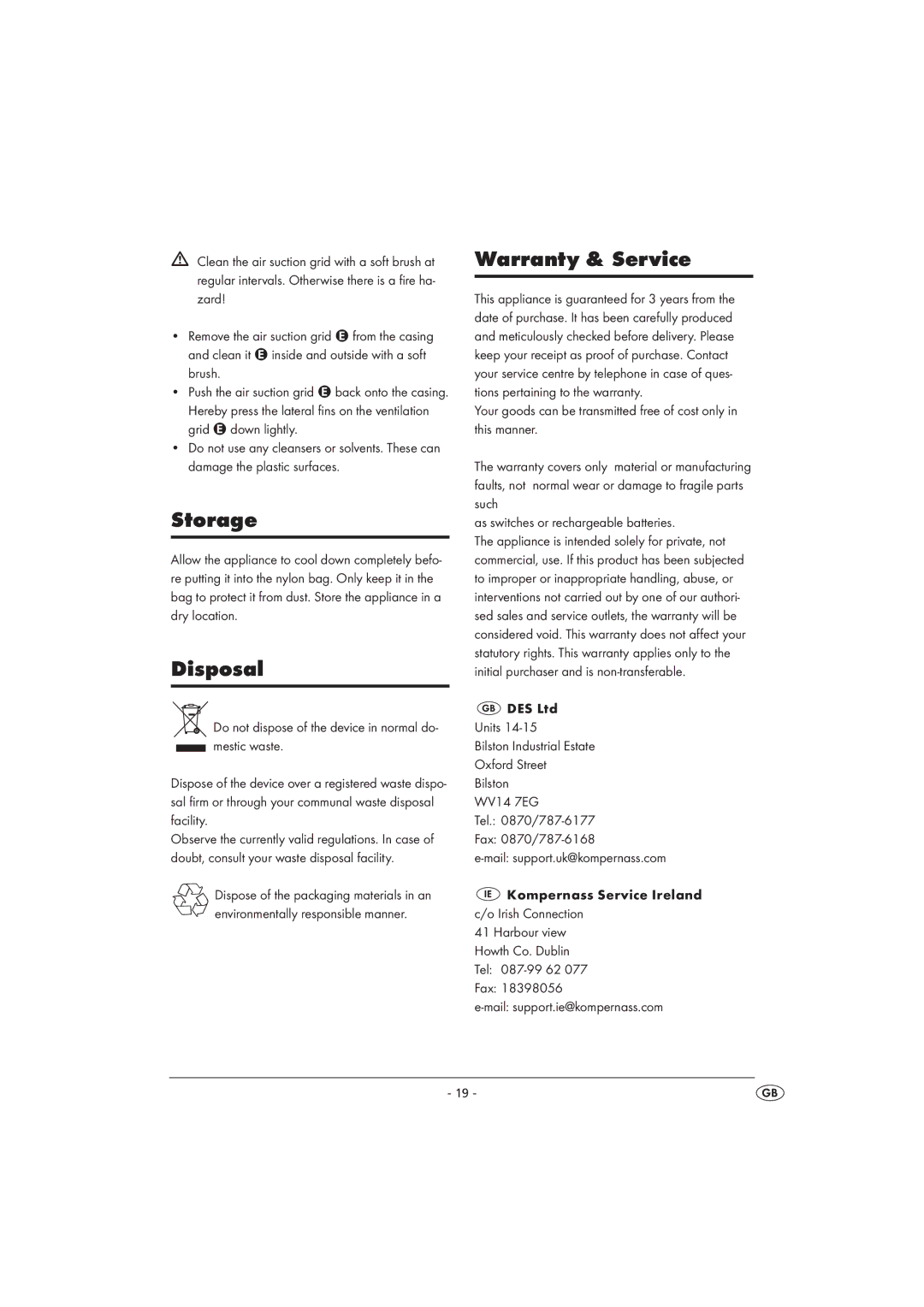 Kompernass KH 5520 operating instructions Storage, Disposal, Warranty & Service 