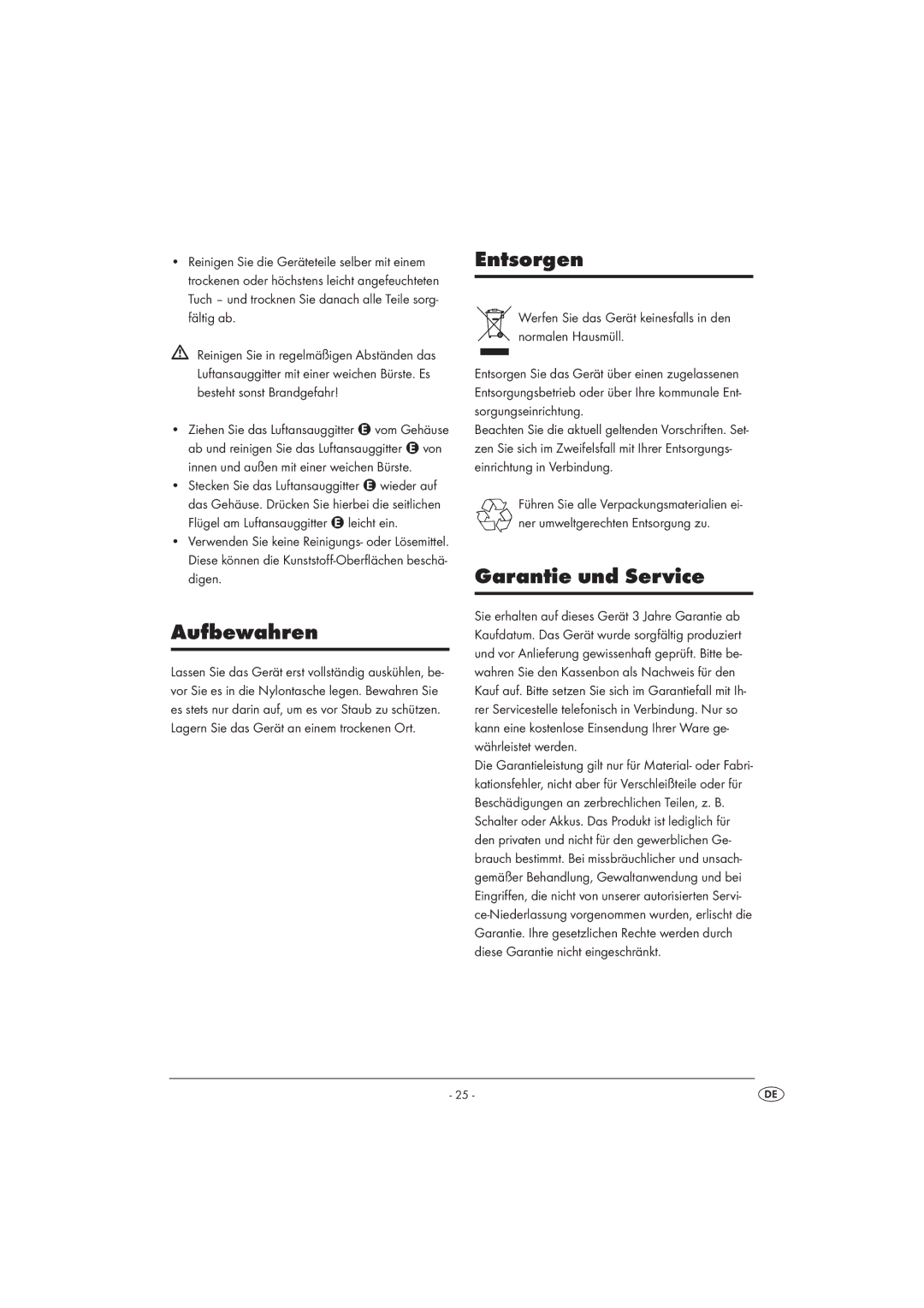 Kompernass KH 5520 operating instructions Aufbewahren, Entsorgen, Garantie und Service 