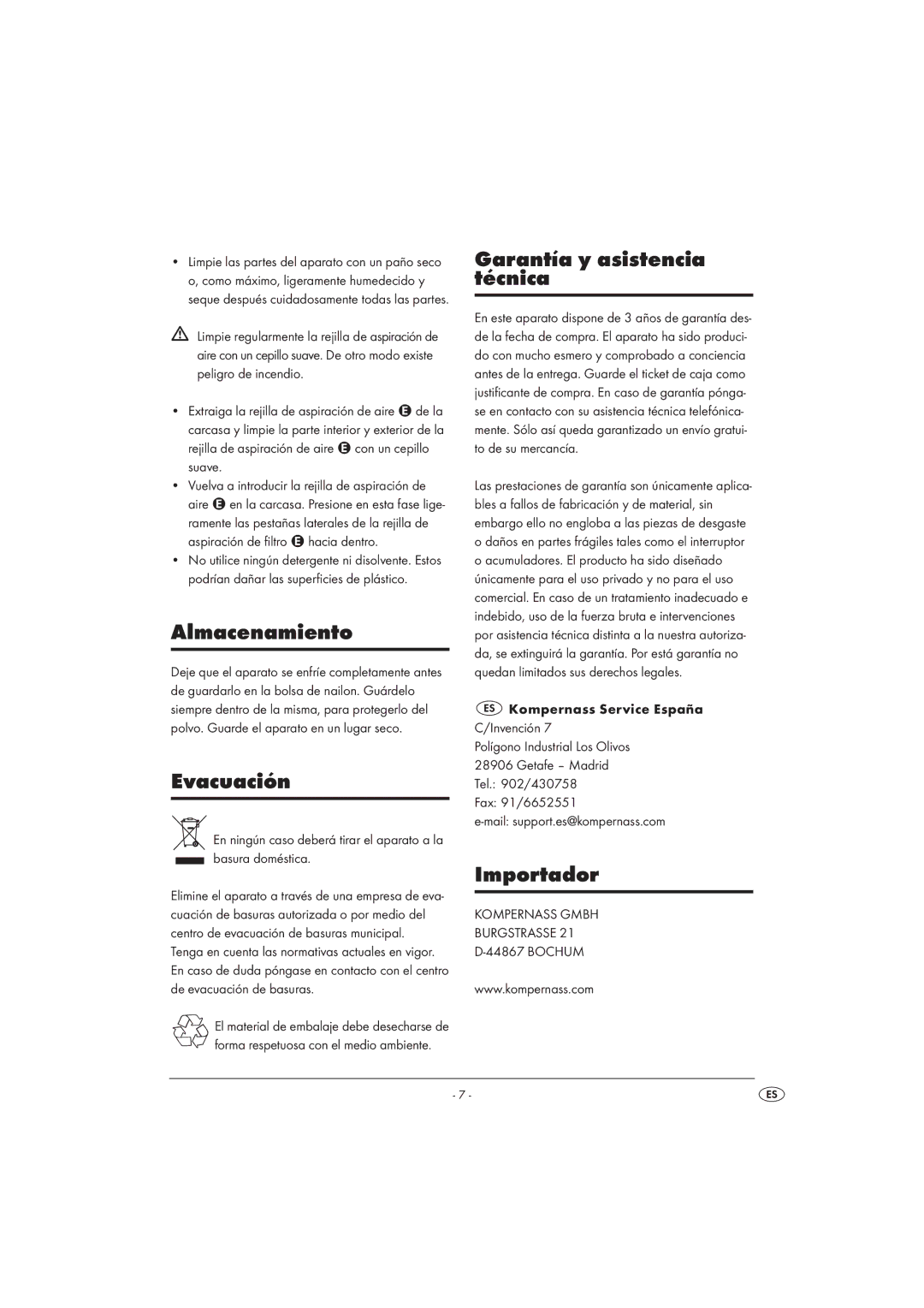 Kompernass KH 5520 operating instructions Almacenamiento, Evacuación, Garantía y asistencia técnica, Importador 