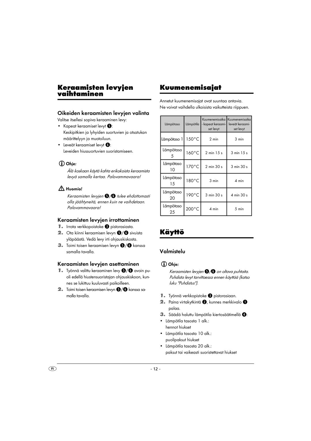 Kompernass KH 5525 instruction manual Keraamisten levyjen vaihtaminen, Kuumenemisajat 