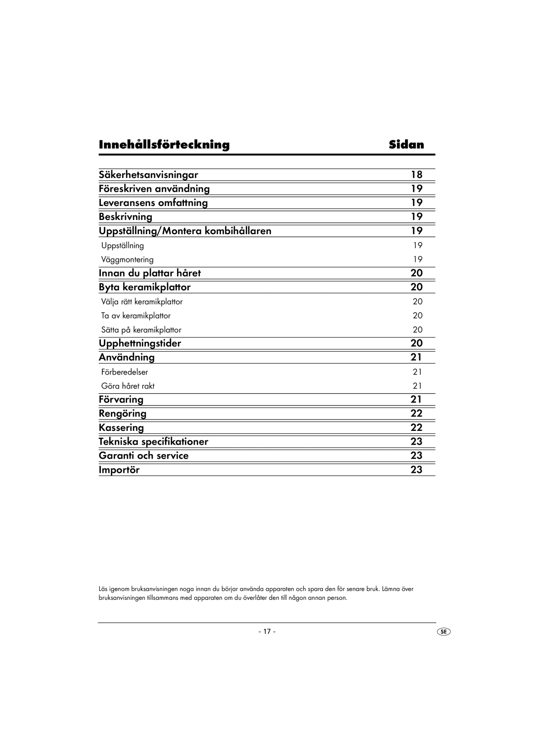 Kompernass KH 5525 instruction manual Innehållsförteckning Sidan 