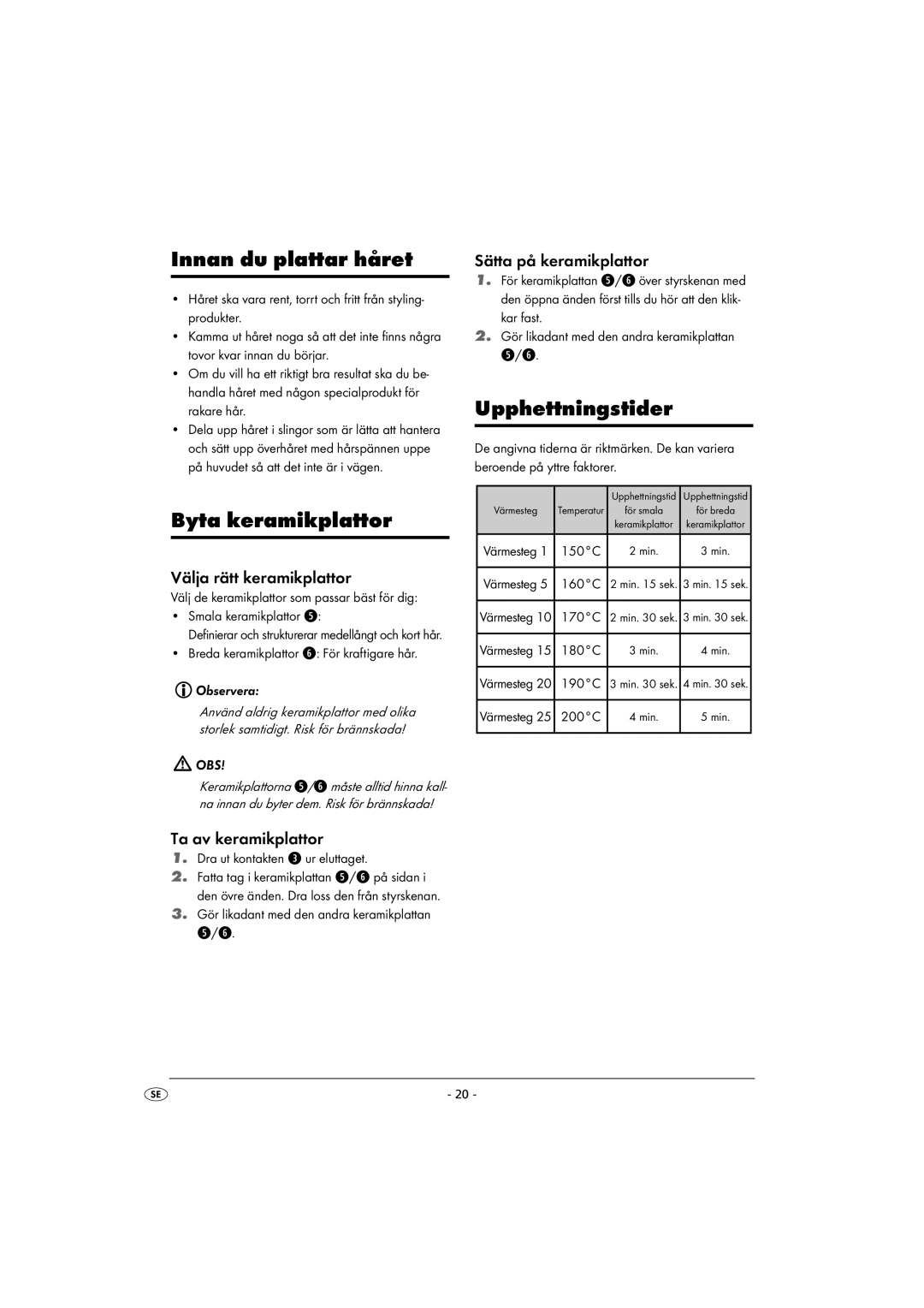 Kompernass KH 5525 instruction manual Innan du plattar håret, Byta keramikplattor, Upphettningstider 