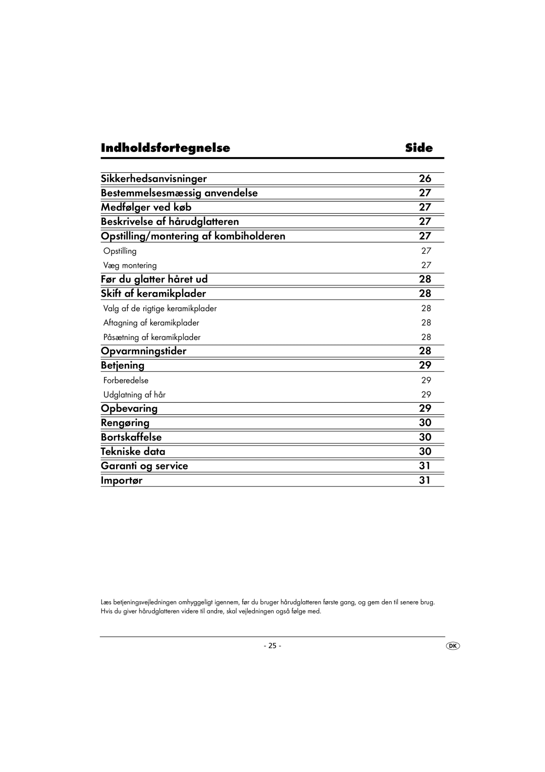 Kompernass KH 5525 instruction manual Indholdsfortegnelse Side 