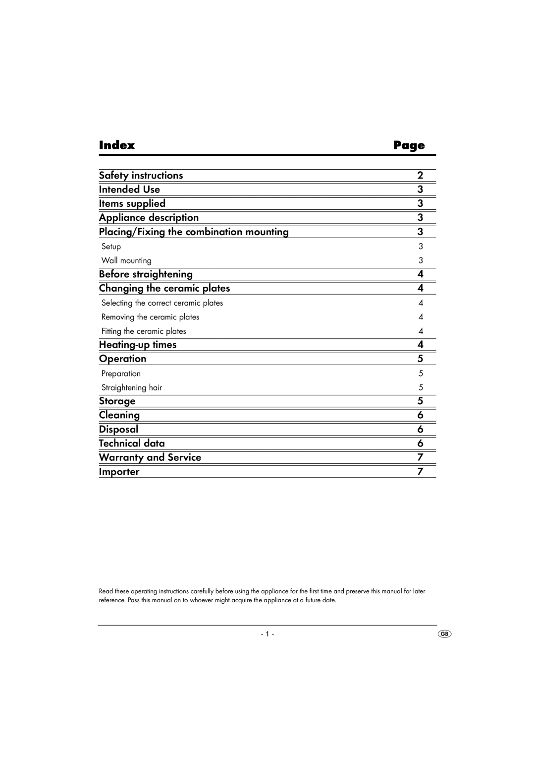 Kompernass KH 5525 instruction manual Index, Before straightening Changing the ceramic plates 